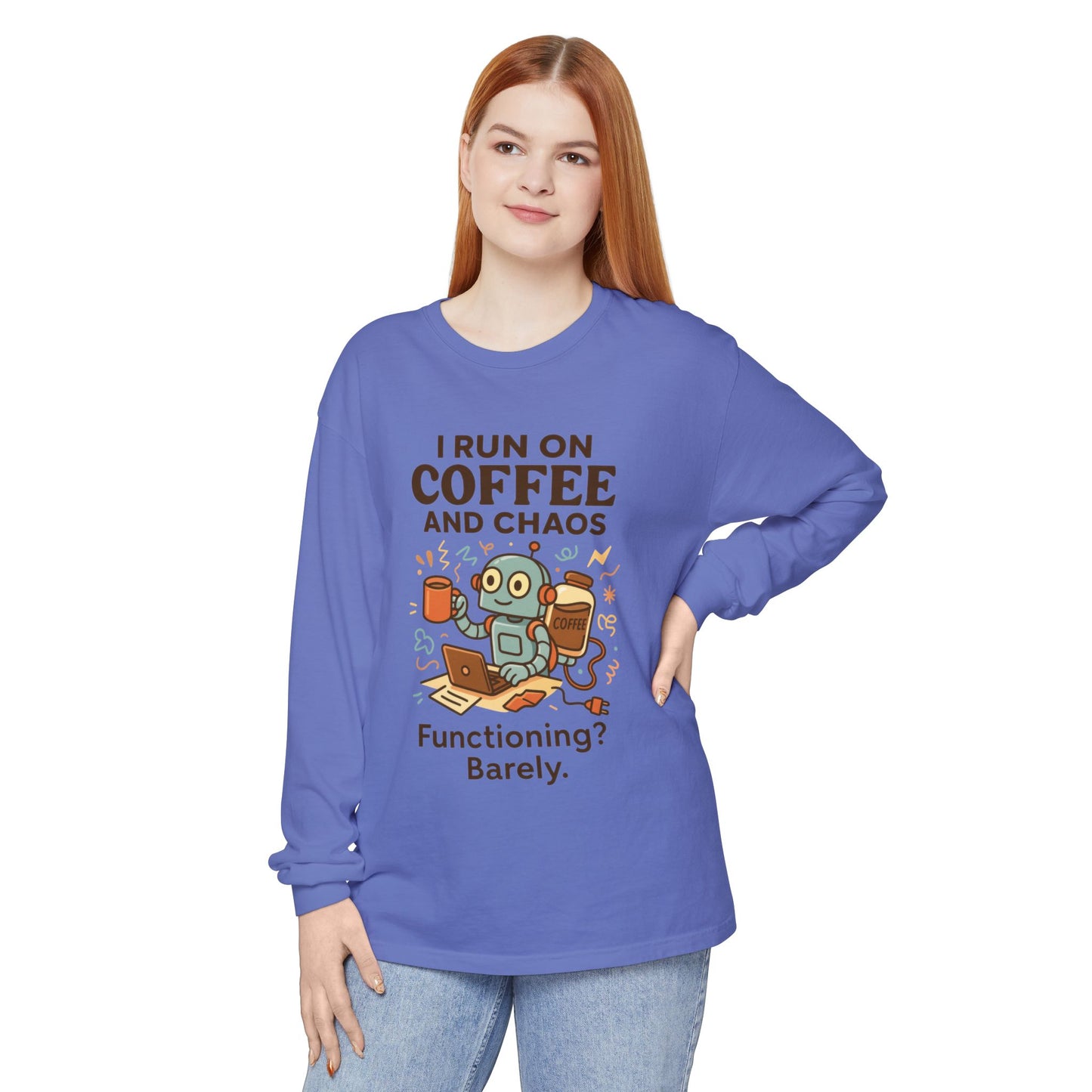 Coffee Chaos Long Sleeve Tee, Funny T-Shirt, Quirky Gift for Coffee Lovers, Unisex Top for Busy Lives, Work from Home Humor Tee