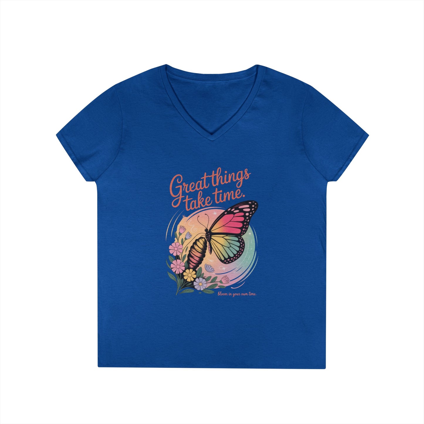 Inspiring Ladies' V-Neck T-Shirt, Great Things Take Time Butterfly Design, Relaxation, Motivation, Nature, Motivational Women's Tee