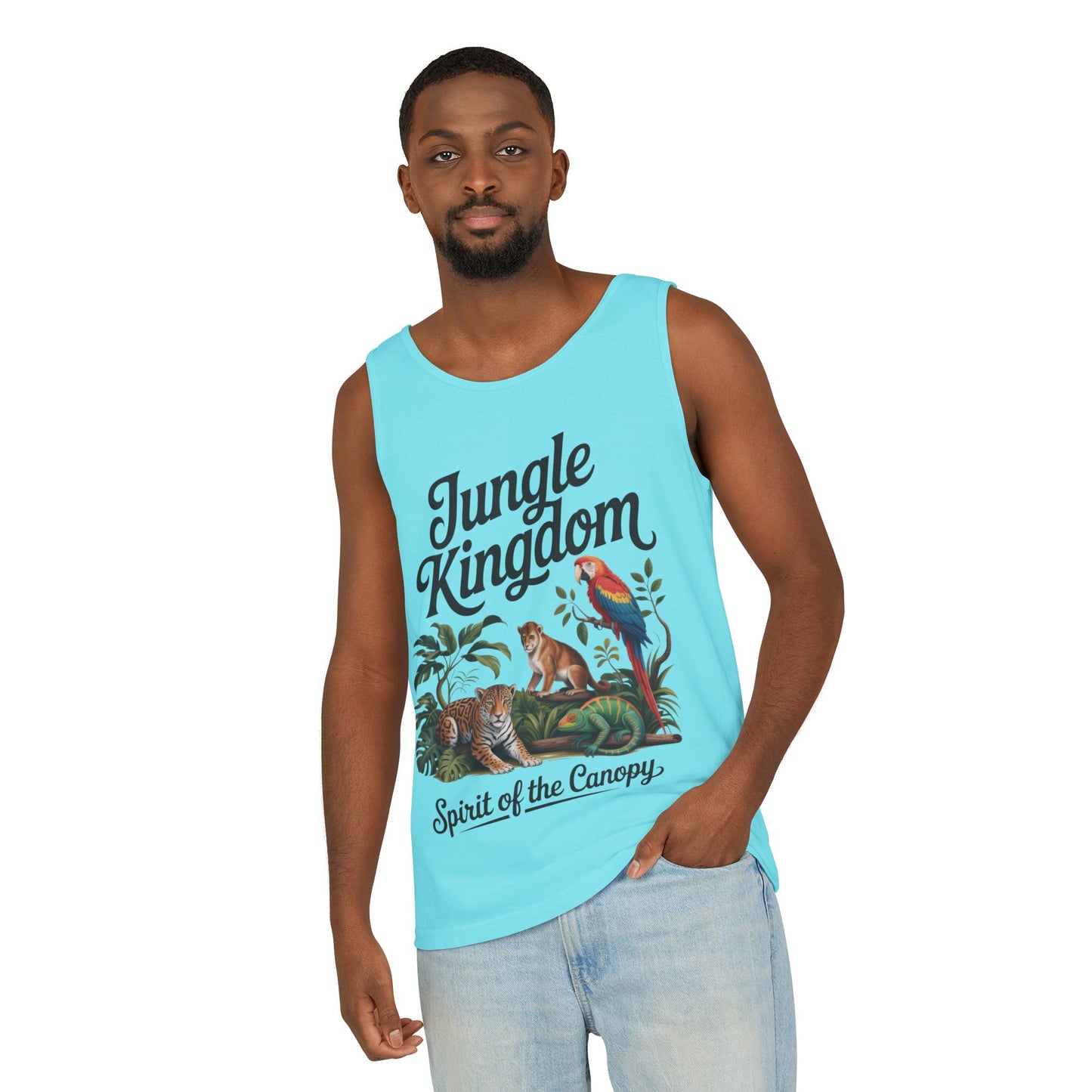 Jungle Kingdom Tank Top, Mens Garment-Dyed Sleeveless Shirt, Spirit of the Canopy Tee, Summer Outfit, Eco-Friendly Casual Wear