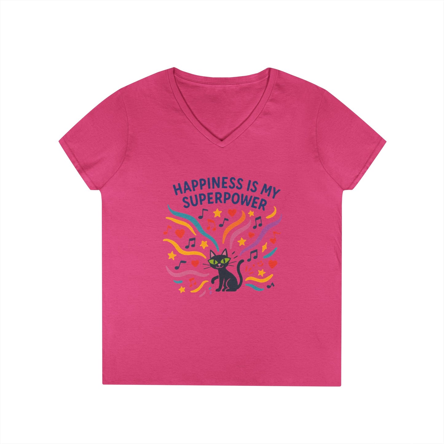 Happiness Is My Superpower V-Neck T-Shirt, Cat Lover Tee, Gift for Her, Cute Graphic Shirt, Music Enthusiast Apparel, Funny Cat Shirt