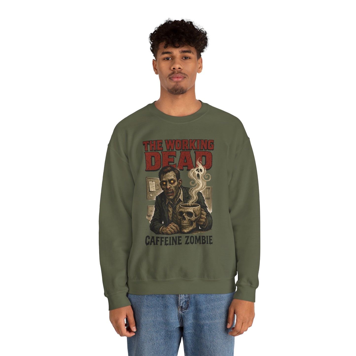 The Working Dead Men's Funny Zombie Sweatshirt, Office Humor Crewneck, Halloween Zombie Top, Coffee Zombie Sweatshirt
