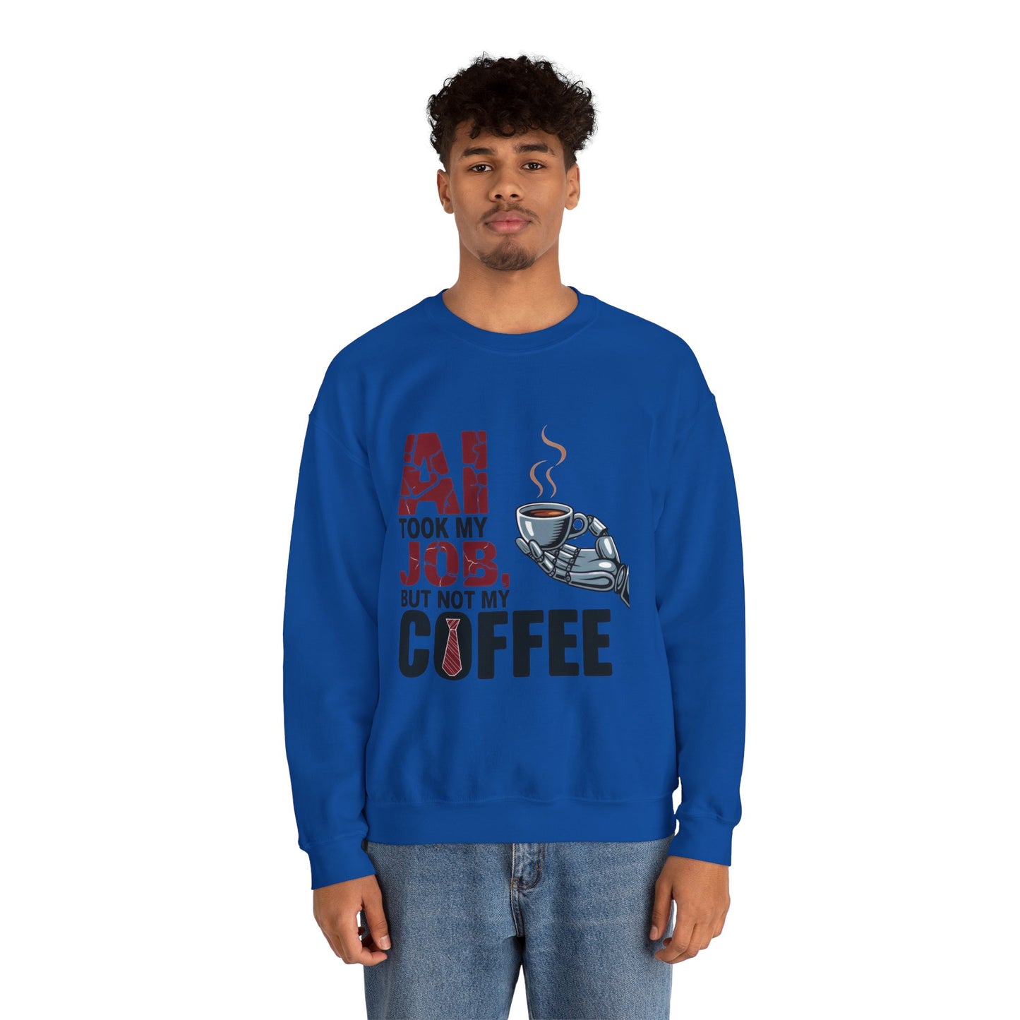 Men's AI Coffee Sweatshirt, Funny Robot Humor Pullover, Geek Sarcastic Job Joke Top, Men's Heavy Blend™ Crewneck Sweatshirt, Office Humor
