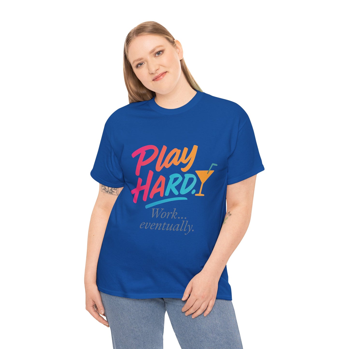 Play Hard Work Eventually T-Shirt, Funny Cocktail Graphic Tee, Pink Womens Party Shirt, Relaxed Vacation Top