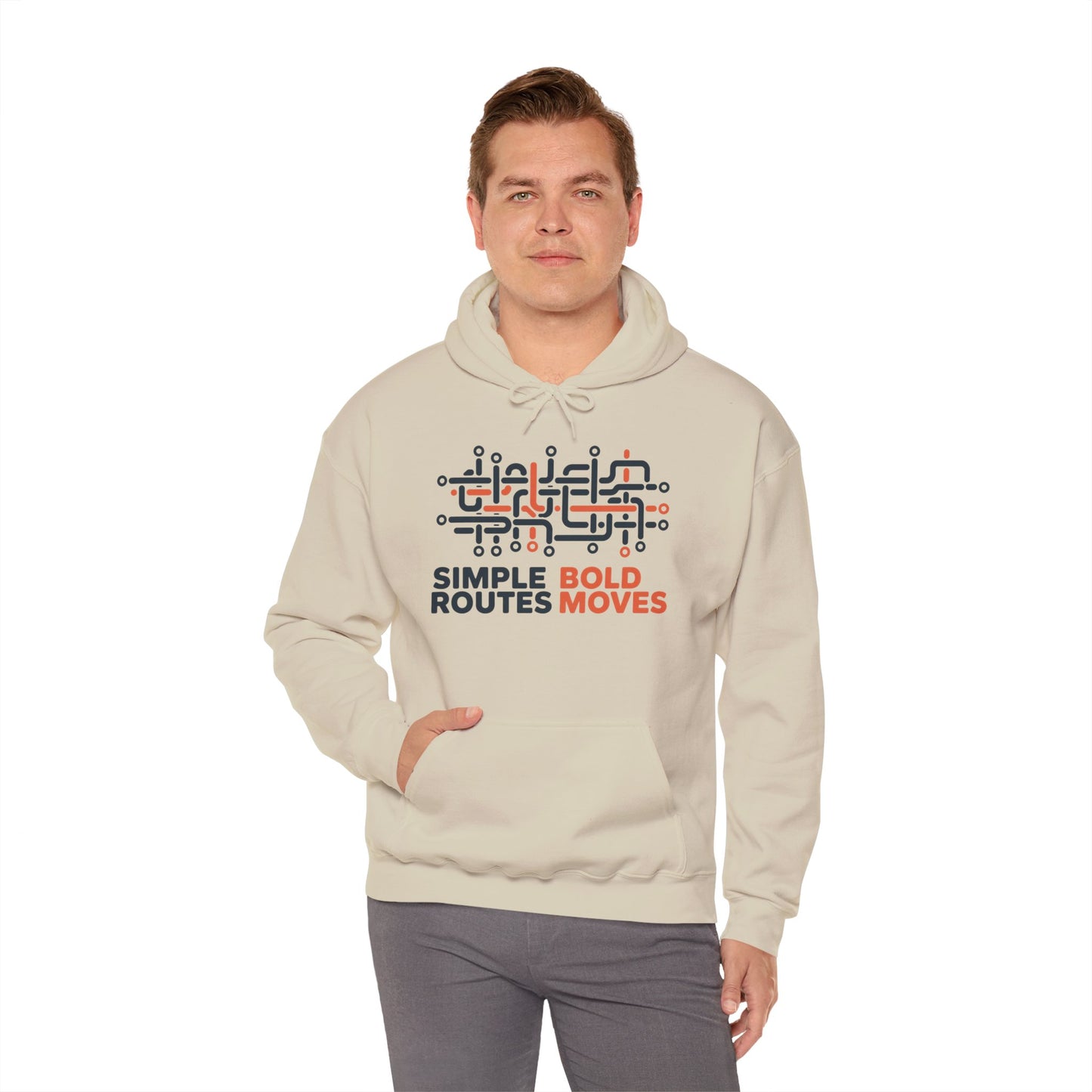 Men's Heavy Blend™ Hooded Sweatshirt, Simple Routes Bold Moves Hoodie, Unisex Metro Map Graphic, Urban Streetwear