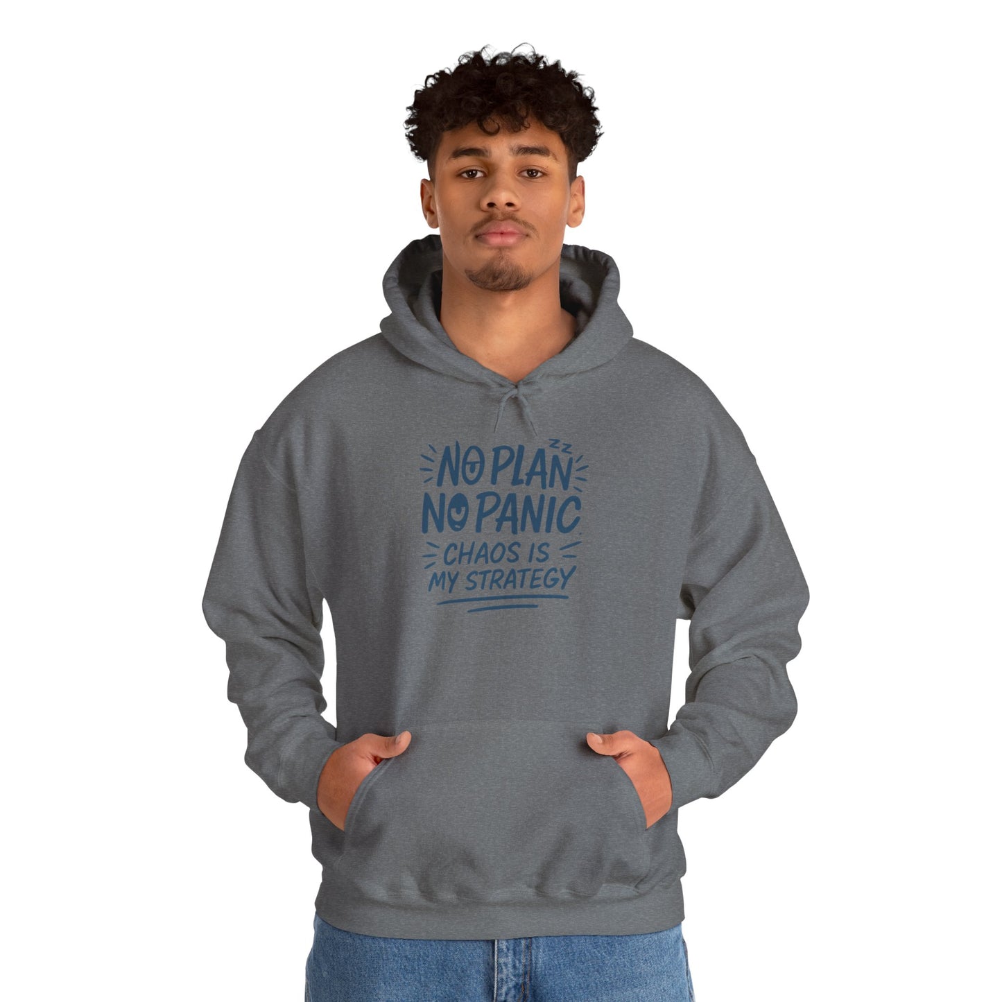 Funny Chaos Strategy Mens Hoodie, No Plan No Panic Quote Hoodie, Cozy Relaxed Fit Pullover, Humorous Gift for Him, Unisex Pullover