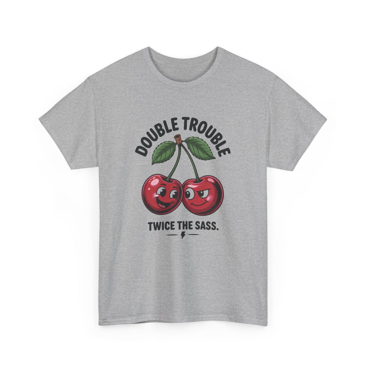 Double Trouble Cherry Graphic Tee, Funny Cute Womens T-Shirt, Twice the Sass Quote Shirt, Sassy Cherry Cartoon Gift