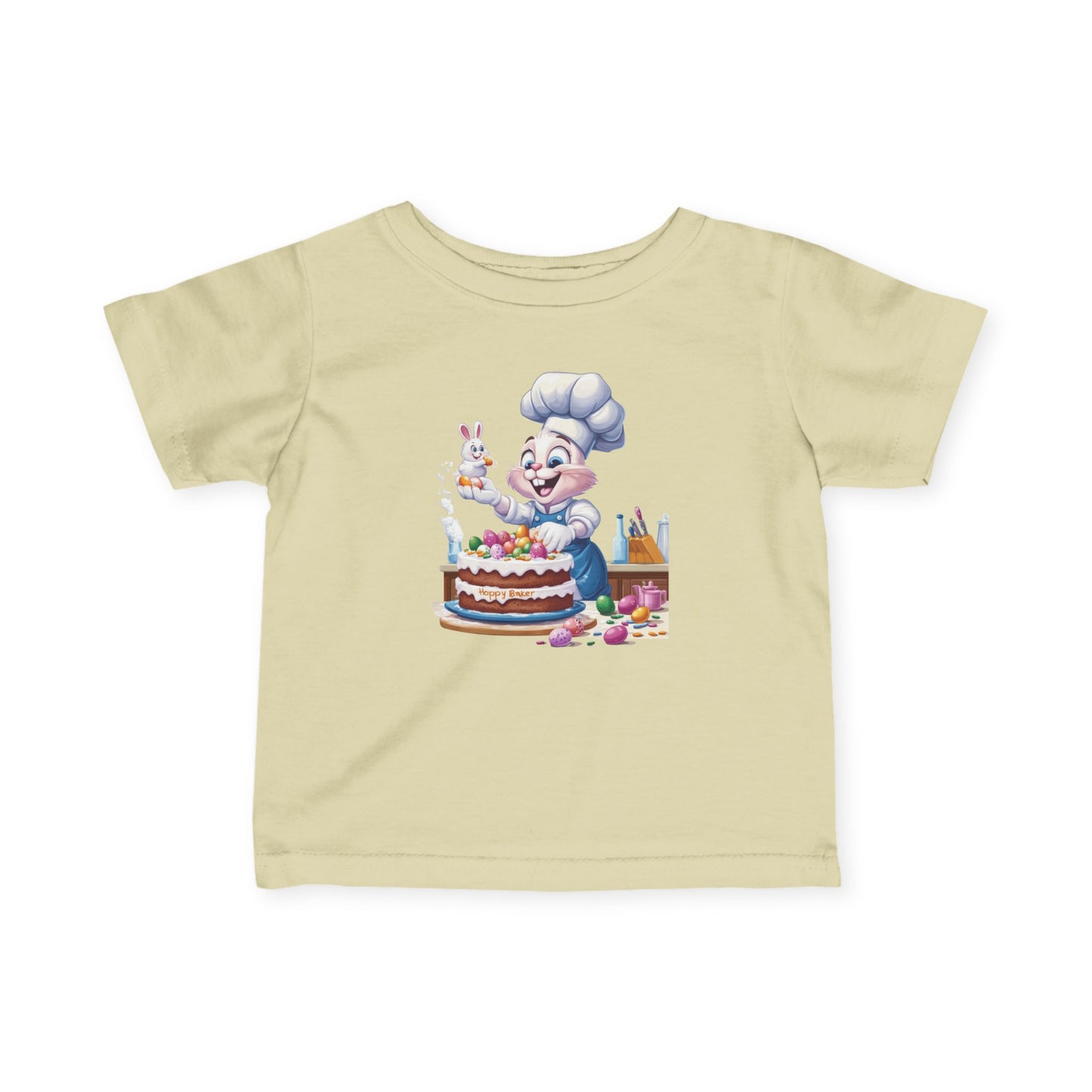 Hoppy Baker Easter Bunny Baby T-Shirt - Cute Infant Tee with Chef Bunny and Cake, Fun Spring Outfit for Babies, Easter Toddler Tee