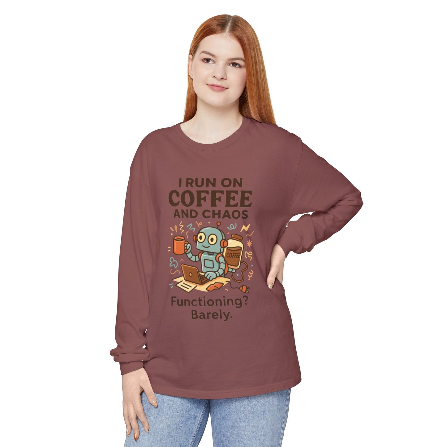 Coffee Chaos Long Sleeve Tee, Funny T-Shirt, Quirky Gift for Coffee Lovers, Unisex Top for Busy Lives, Work from Home Humor Tee