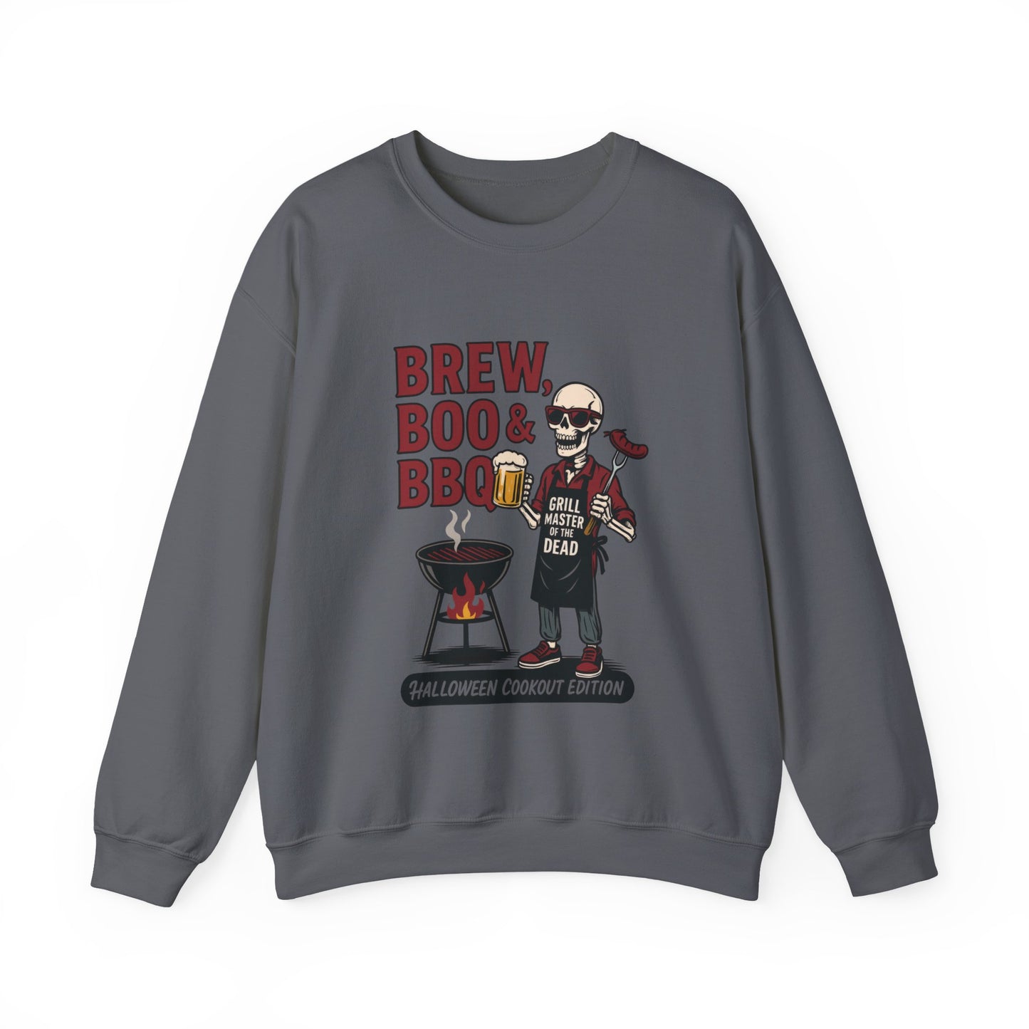 Halloween BBQ Men's Sweatshirt, Brew Boo & BBQ Skeleton Grill Master, Spooky Dad Gift, Skeleton Dad Sweat, Grill Master Crew