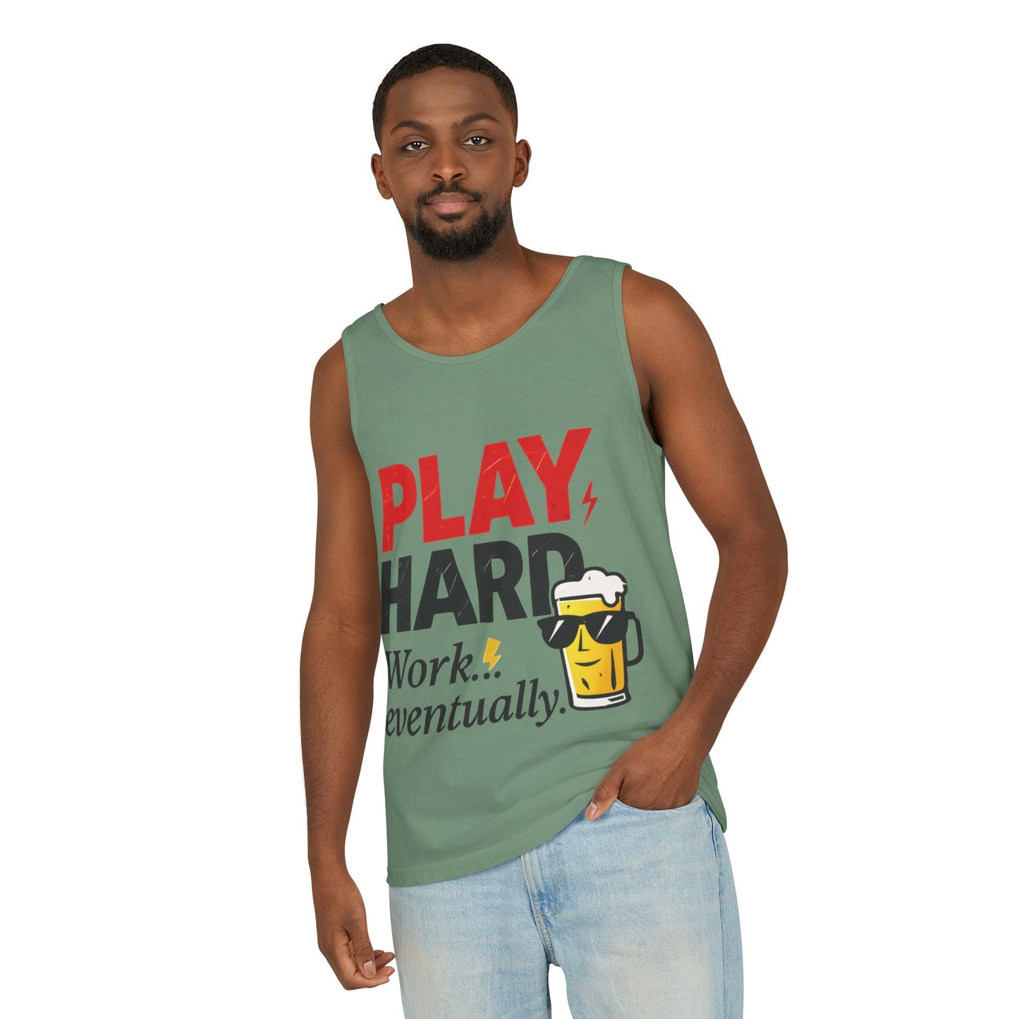 Casual Tank Top with Play Hard Print, Fun Summer Apparel, Gift for Dad or Friends, Beach Wear, Workout Top, Party Attire
