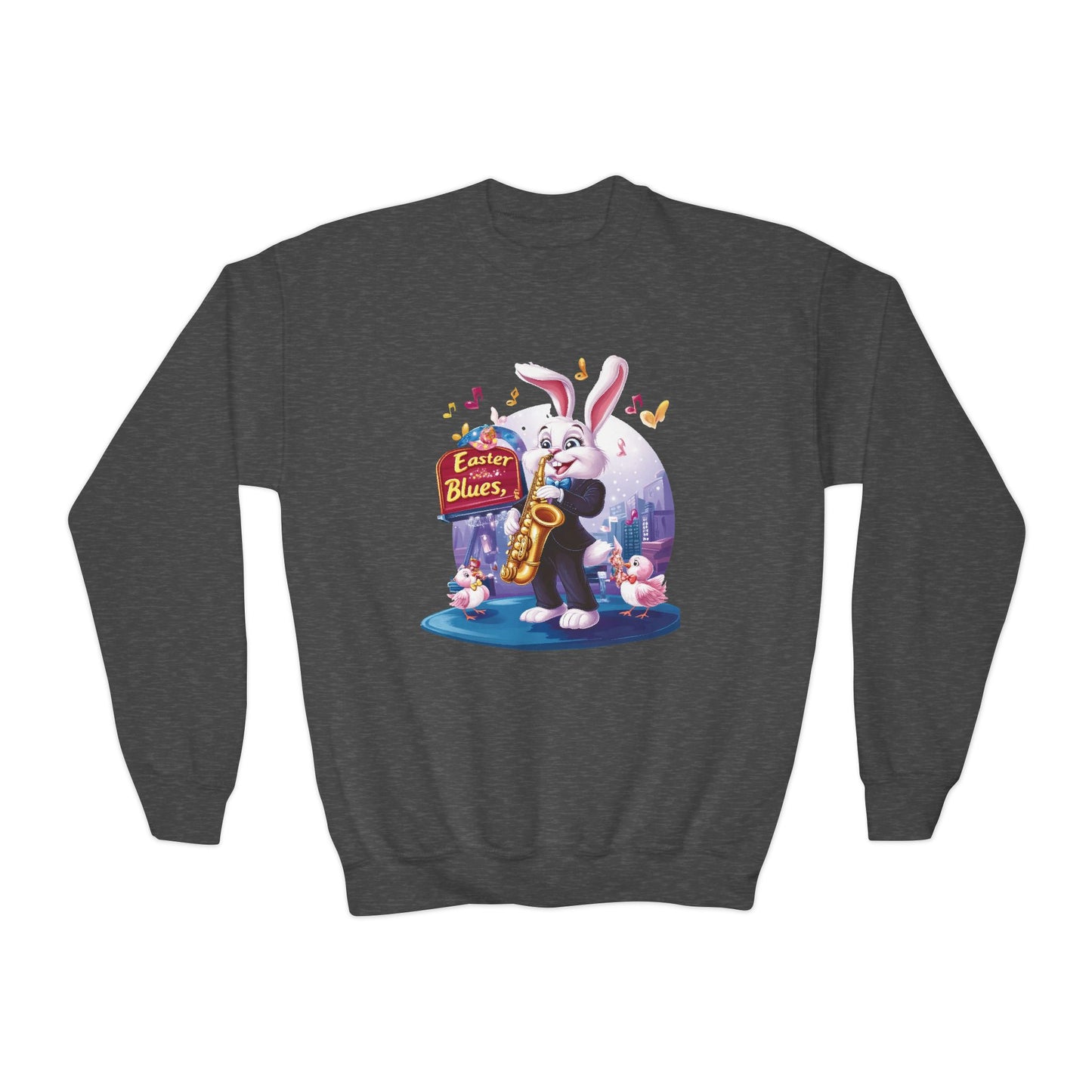 Jazz Bunny Easter Kids Sweatshirt - Cute Saxophone Playing Bunny Design, Fun Spring Crewneck, Holiday Gift for Boys and Girls