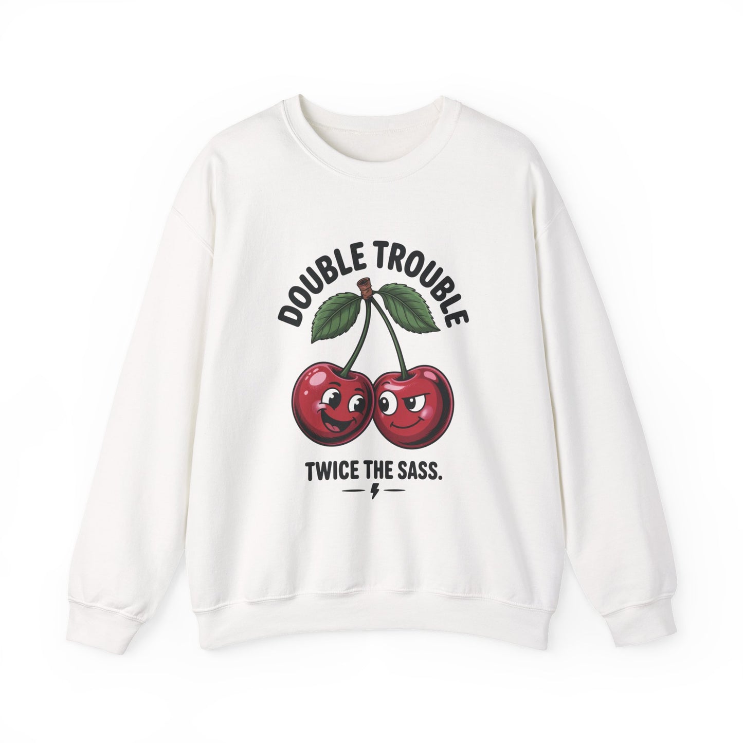 Double Trouble Cherry Sweatshirt, Cute Funny Womens Pullover, Twice The Sass Fruit Graphic Sweater, Playful Red Cherry Crewneck