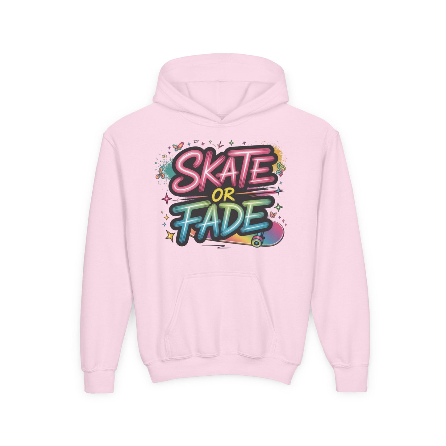 Youth Heavy Blend Hooded Sweatshirt, Skate Or Fade Girls Shirt, Colorful Graffiti Skateboarding Hoodie