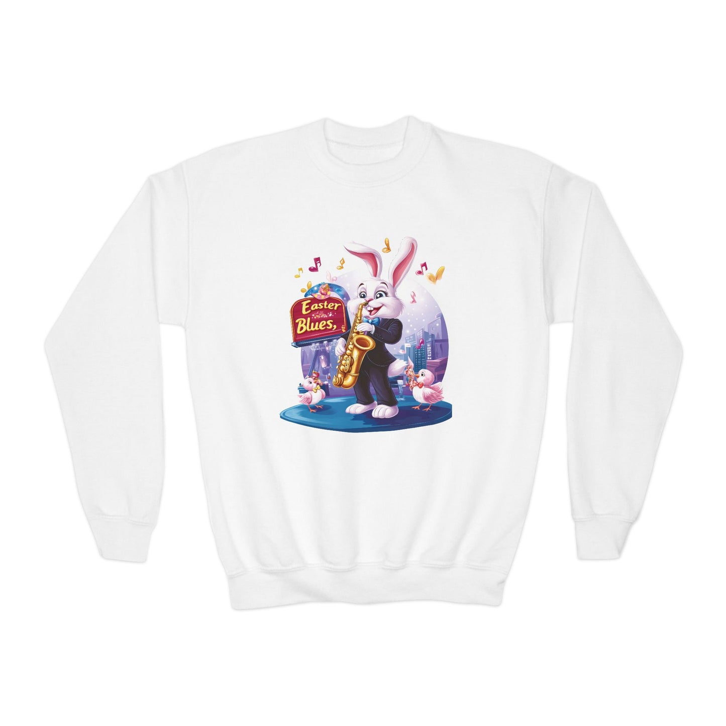 Jazz Bunny Easter Kids Sweatshirt - Cute Saxophone Playing Bunny Design, Fun Spring Crewneck, Holiday Gift for Boys and Girls
