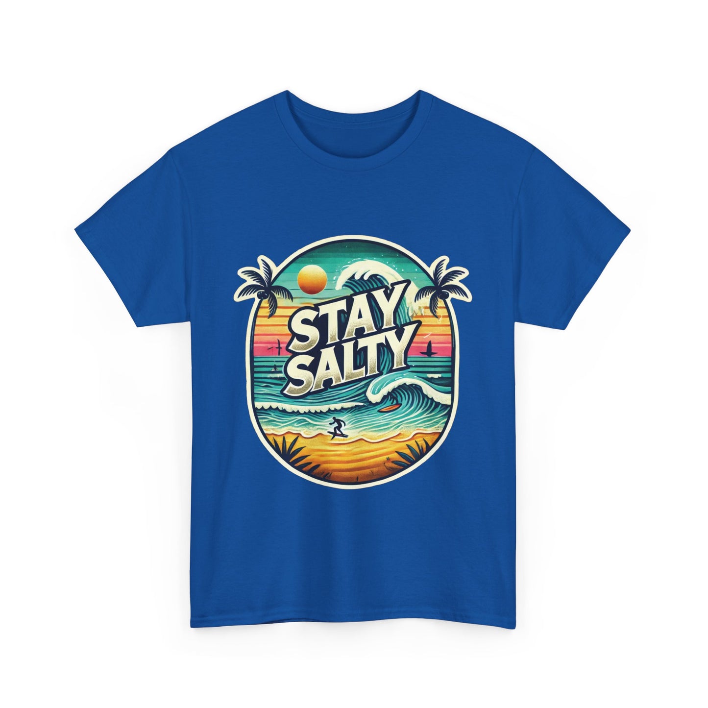 Stay Salty Retro Surf Unisex Heavy Cotton Tee, Vintage Beach Sunset Graphic T-Shirt, Summer Ocean Wave Surfer Shirt, Ocean Lover Gift