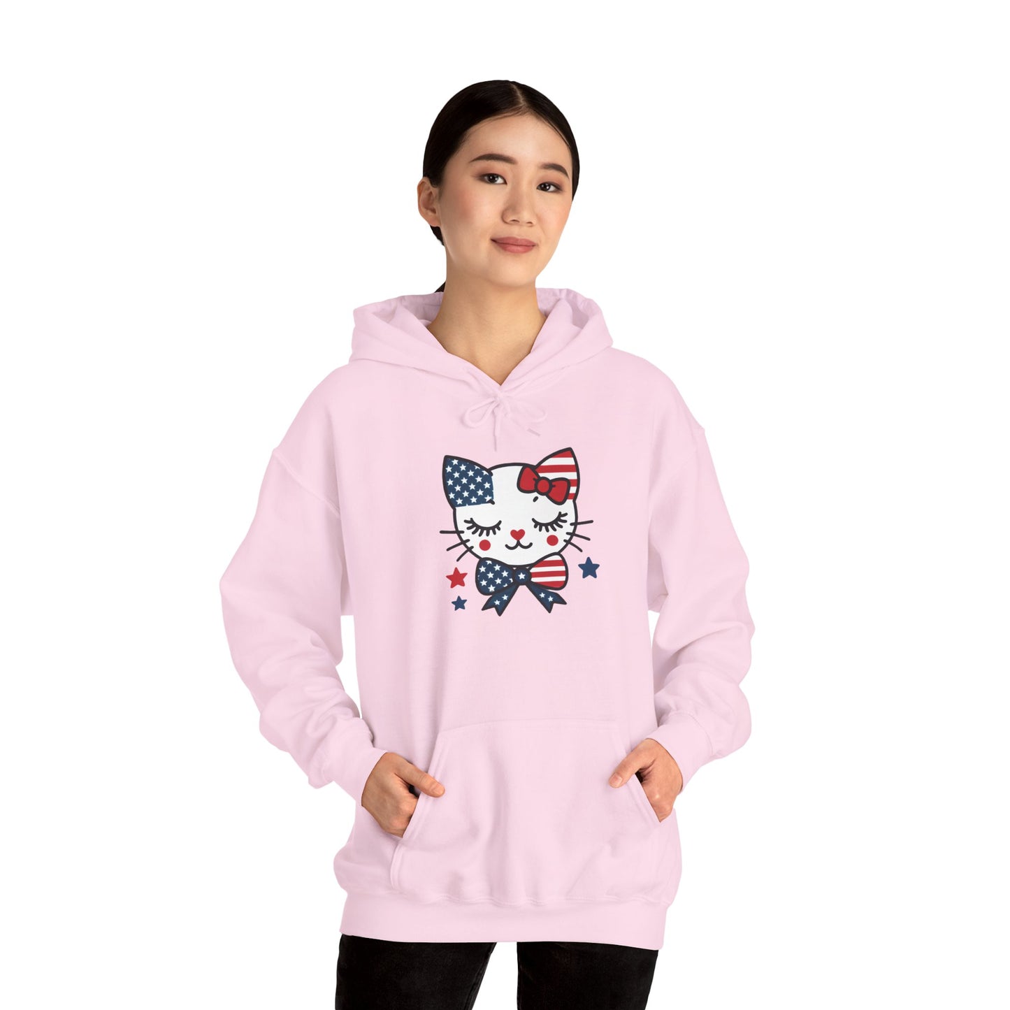 Cute Cat Patriot Women's Hoodie, Women's Heavy Blend Sweatshirt, Gift for Cat Lovers, 4th of July Apparel, Perfect for Independence Day