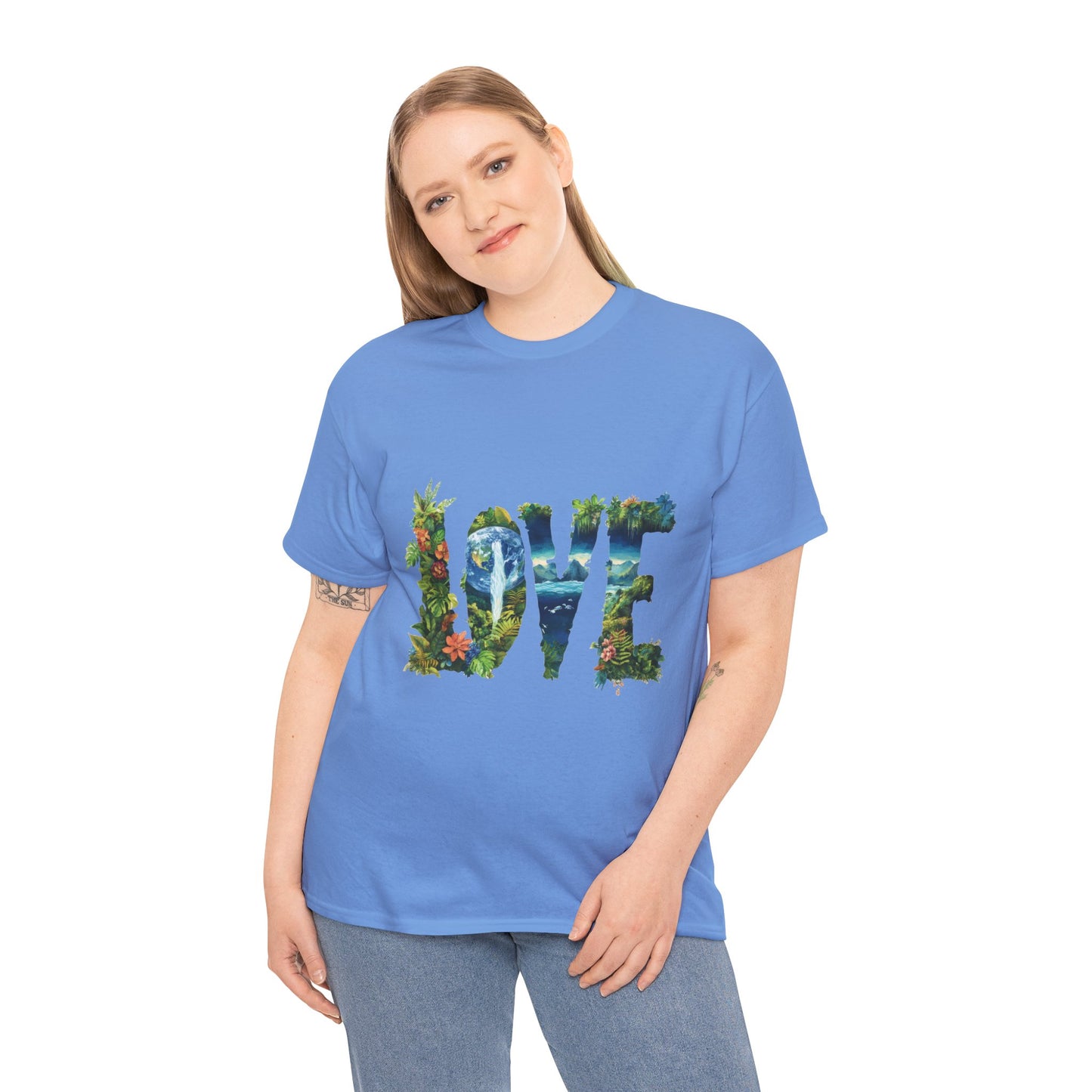 LOVE Nature Art Womens Heavy Cotton Tee, Earth Day Jungle Forest Graphic T-Shirt, Eco Friendly Gift Shirt, Nature-Inspired Love Tee