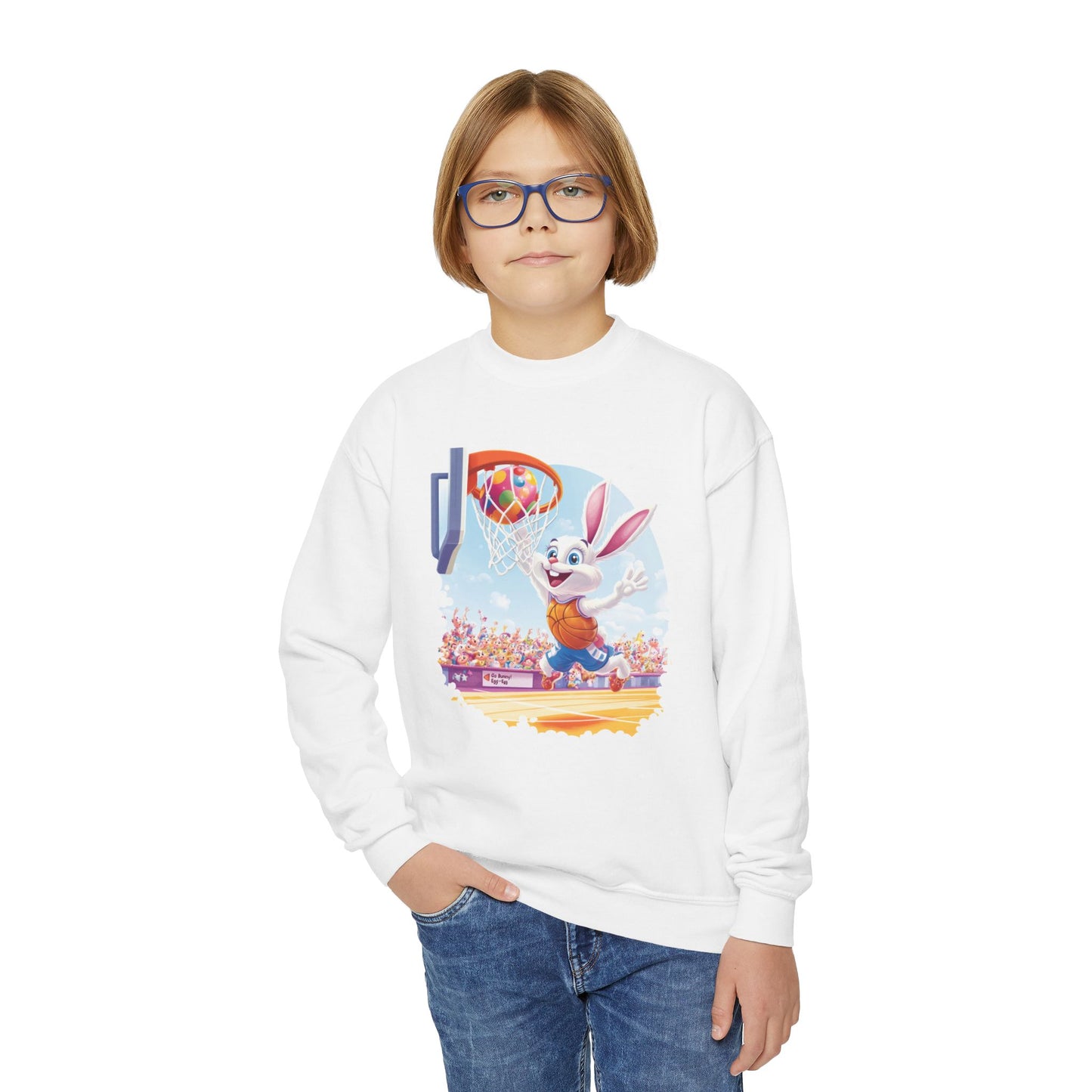 Easter Basketball Bunny Youth Sweatshirt - Cute Bunny Dunking Egg Ball, Fun Spring Sports Pullover for Kids, Easter Gift Idea, Fun Gym Wear