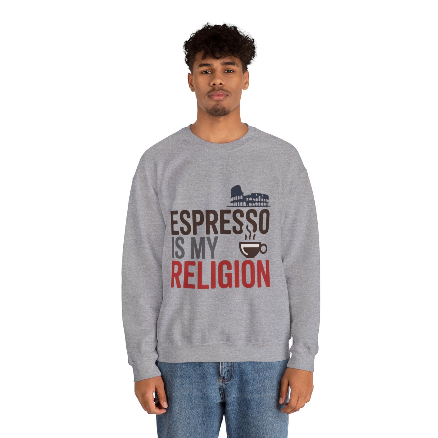 Mens Heavy Blend™ Crewneck Sweatshirt, Espresso Is My Religion Coffee Rome Mens Sweatshirt, Barista Gift, Coffee Lover Gift