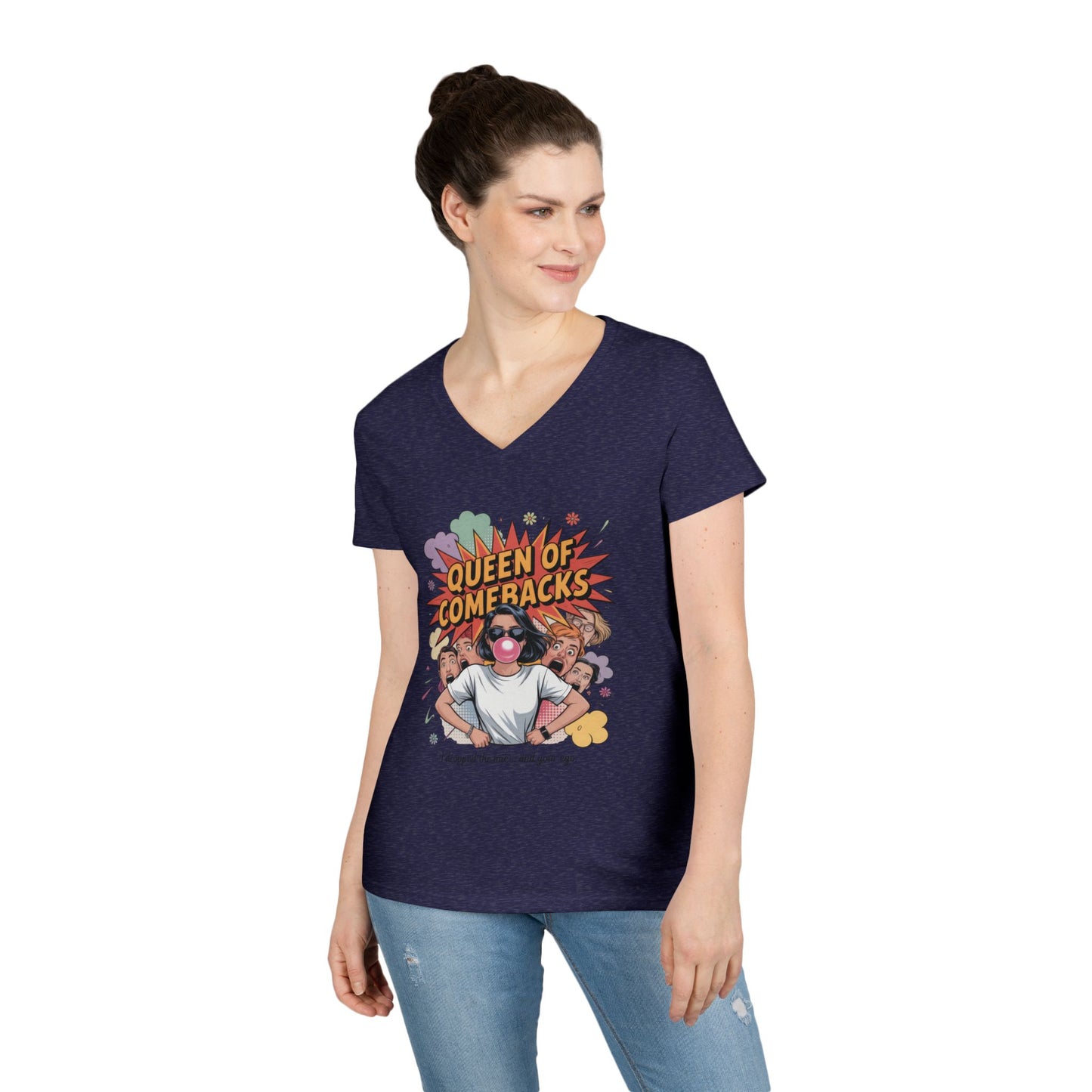 Queen of Comebacks V-Neck T-Shirt, Funny Graphic Tee, Gift for Friends, Humor Apparel, Casual Wear, Comedic Shirt