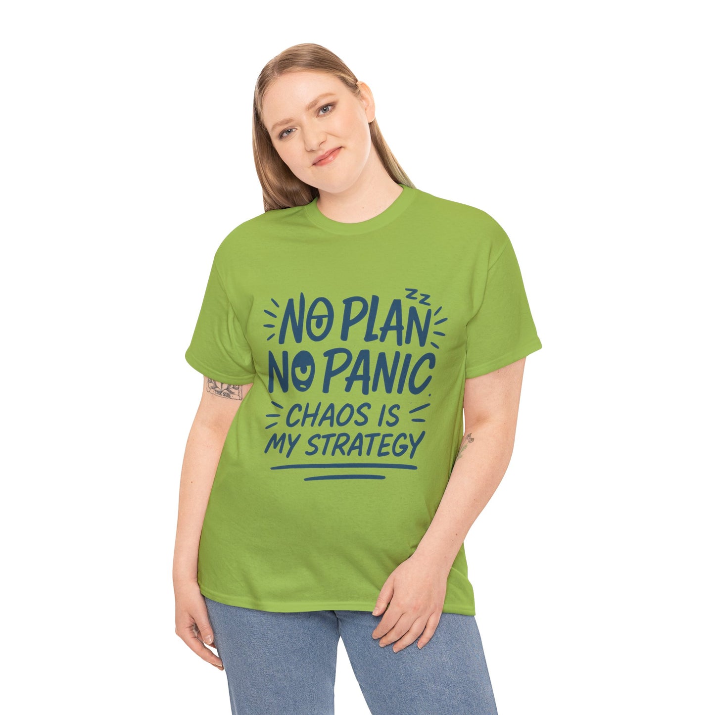 Funny Chaos Strategy T-Shirt, No Plan No Panic Quote Shirt, Cute Tee for Women, Humorous Gift Idea, Casual Relaxed Fit Top