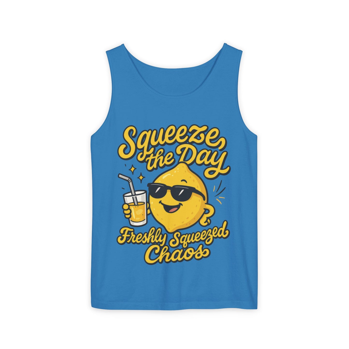 Squeeze The Day Womens Tank Top - Funny Lemon Pun Shirt - Freshly Squeezed Chaos Summer Citrus Top, Casual Beachwear, Fun Summer Apparel