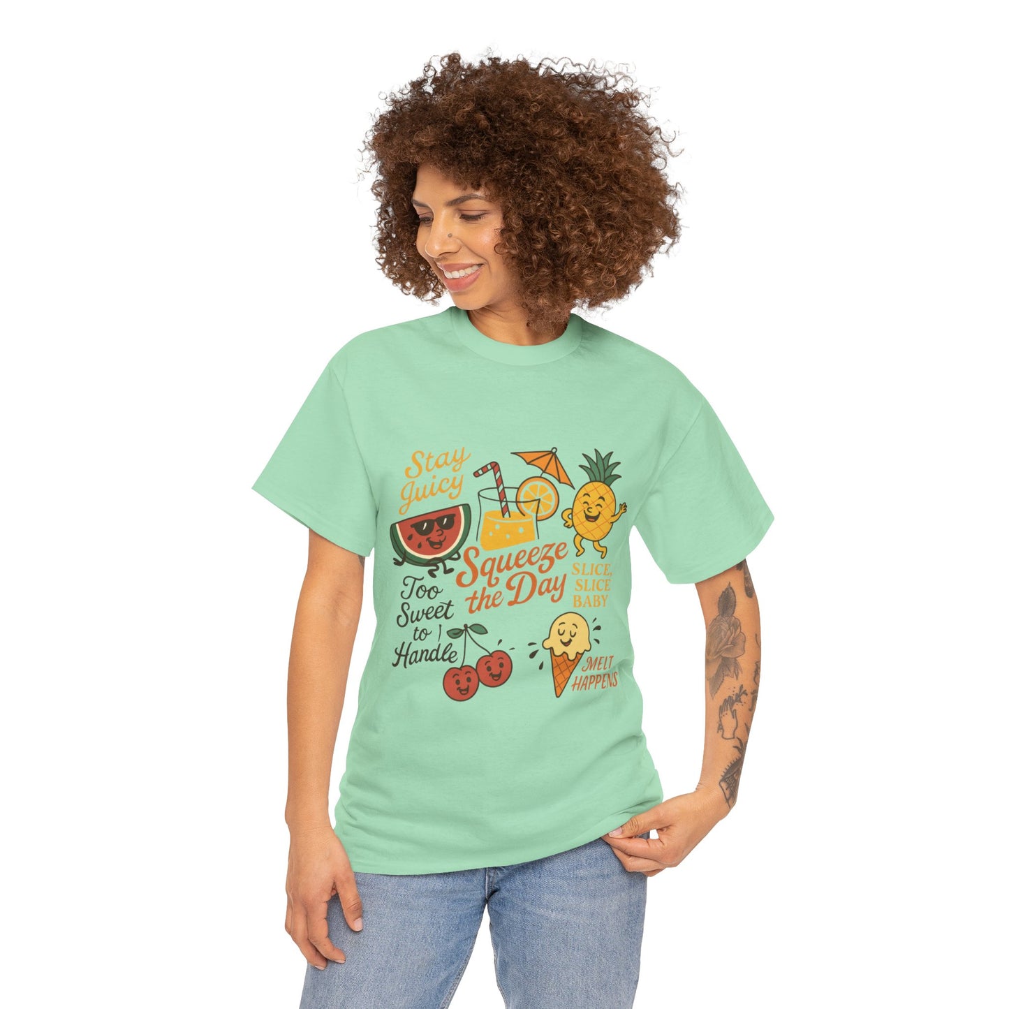 Cute Fruit Pun T-Shirt for Women, Summer Graphic Tee, Kawaii Watermelon Pineapple Ice Cream Design, Squeeze the Day Shirt, Stay Juicy Top
