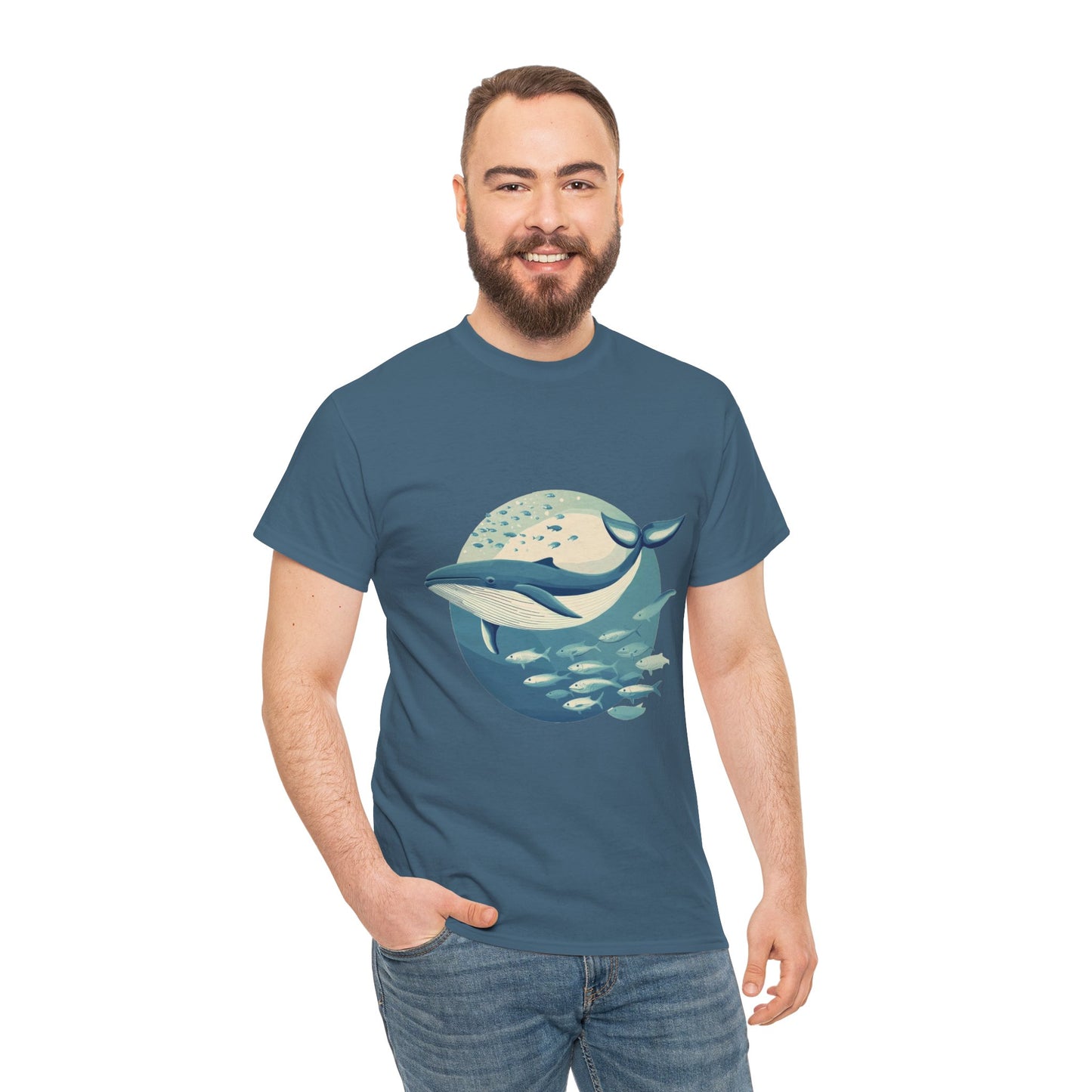 Whale and Fish Unisex Heavy Cotton Tee, Ocean Lover Shirt, Nature Tee, Sea Creature Gift, Casual Summer Top, Ocean Whale Graphic Tee