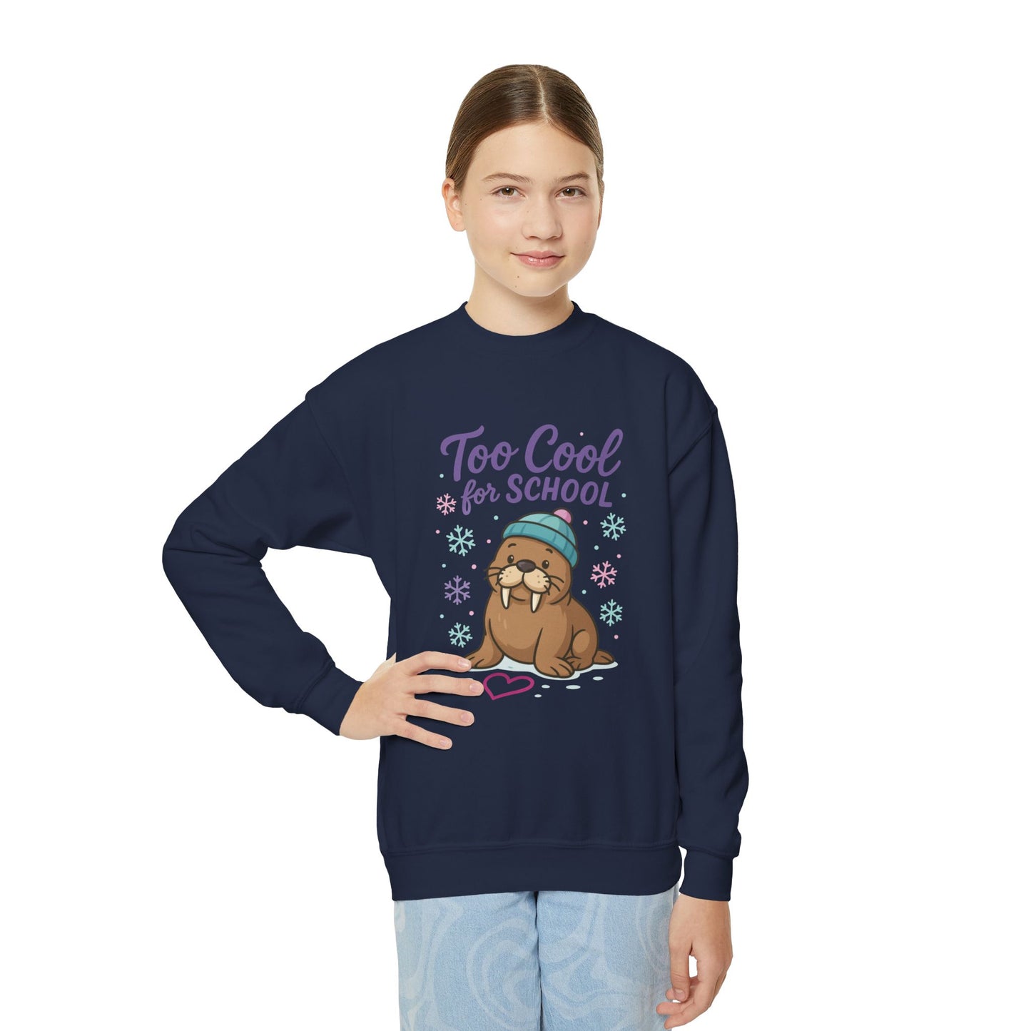 Youth Crewneck Sweatshirt, Kids Too Cool for School Walrus Sweatshirt, Funny Animal Pullover, Cute Winter Top