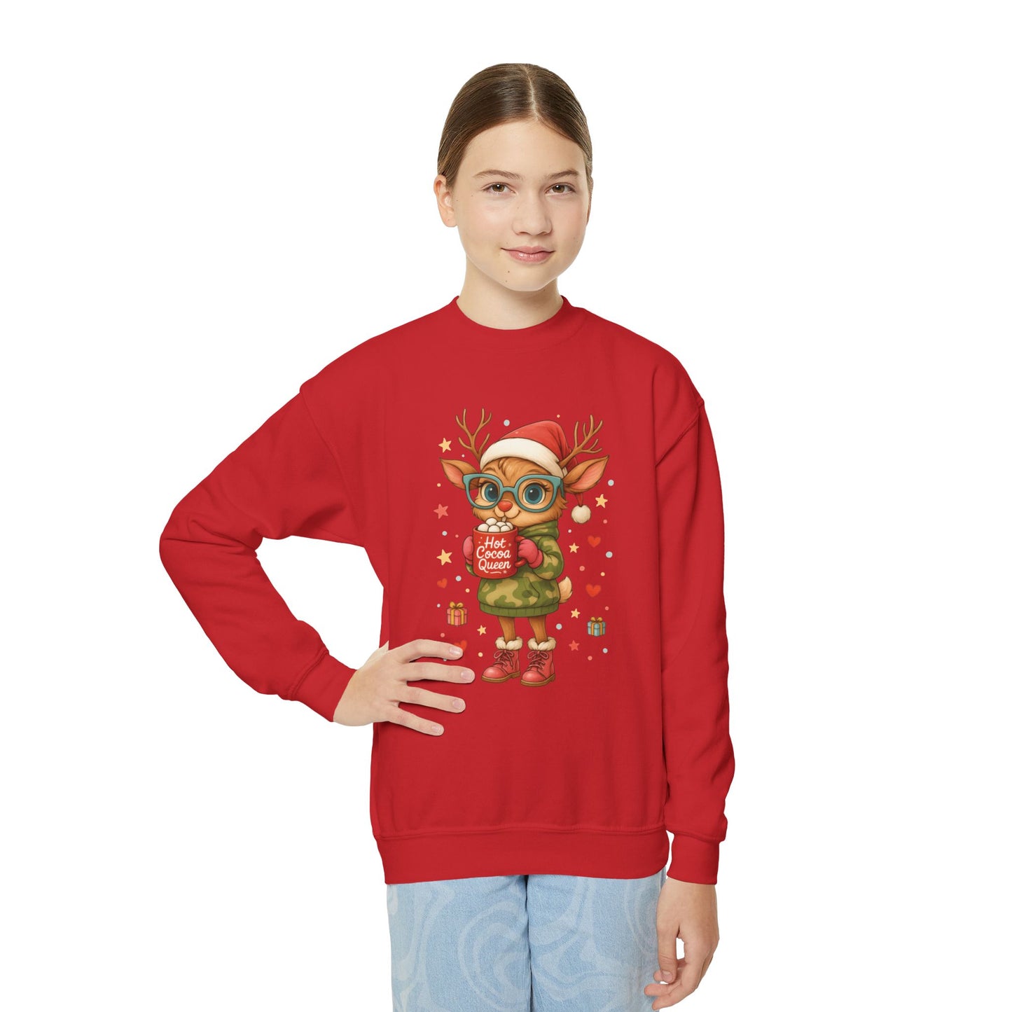 Hot Cocoa Queen Christmas Sweatshirt for Girls, Cute Holiday Reindeer Jumper