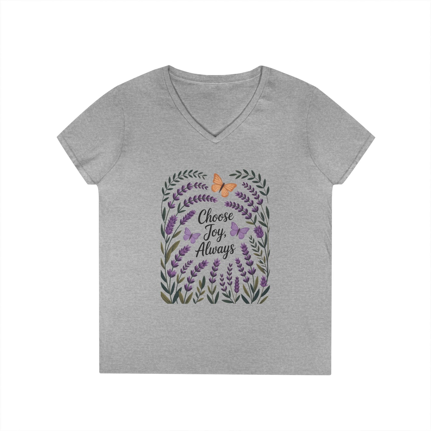 Ladies' V-Neck T-Shirt, Choose Joy Always, Positive Affirmation Tee, Floral Graphic Shirt, Inspirational V-Neck, Lavender Printed Tee