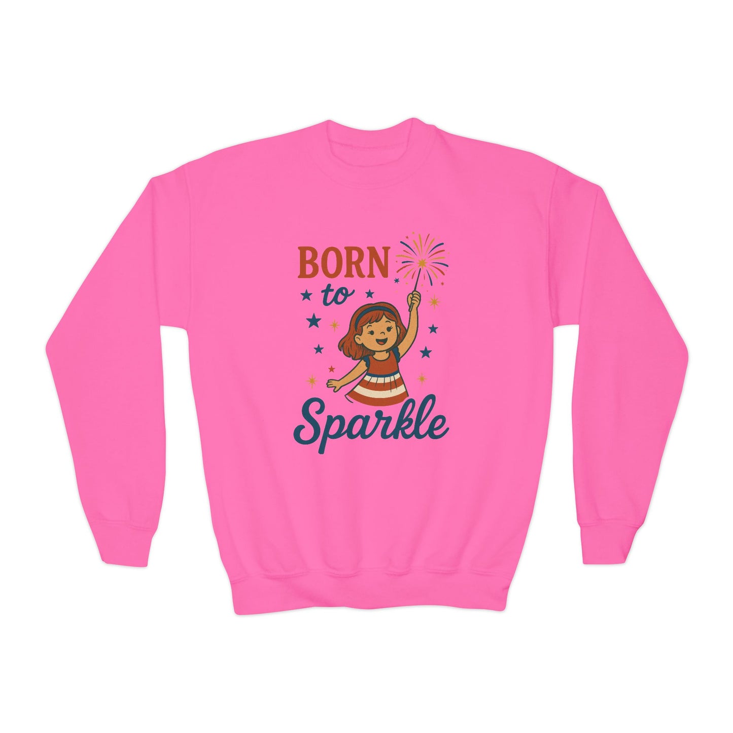 4th of July Youth Crewneck Sweatshirt, Born to Sparkle Tee, Patriotic Fireworks Toddler Crewneck, Independence Day Outfit for Tween Girls