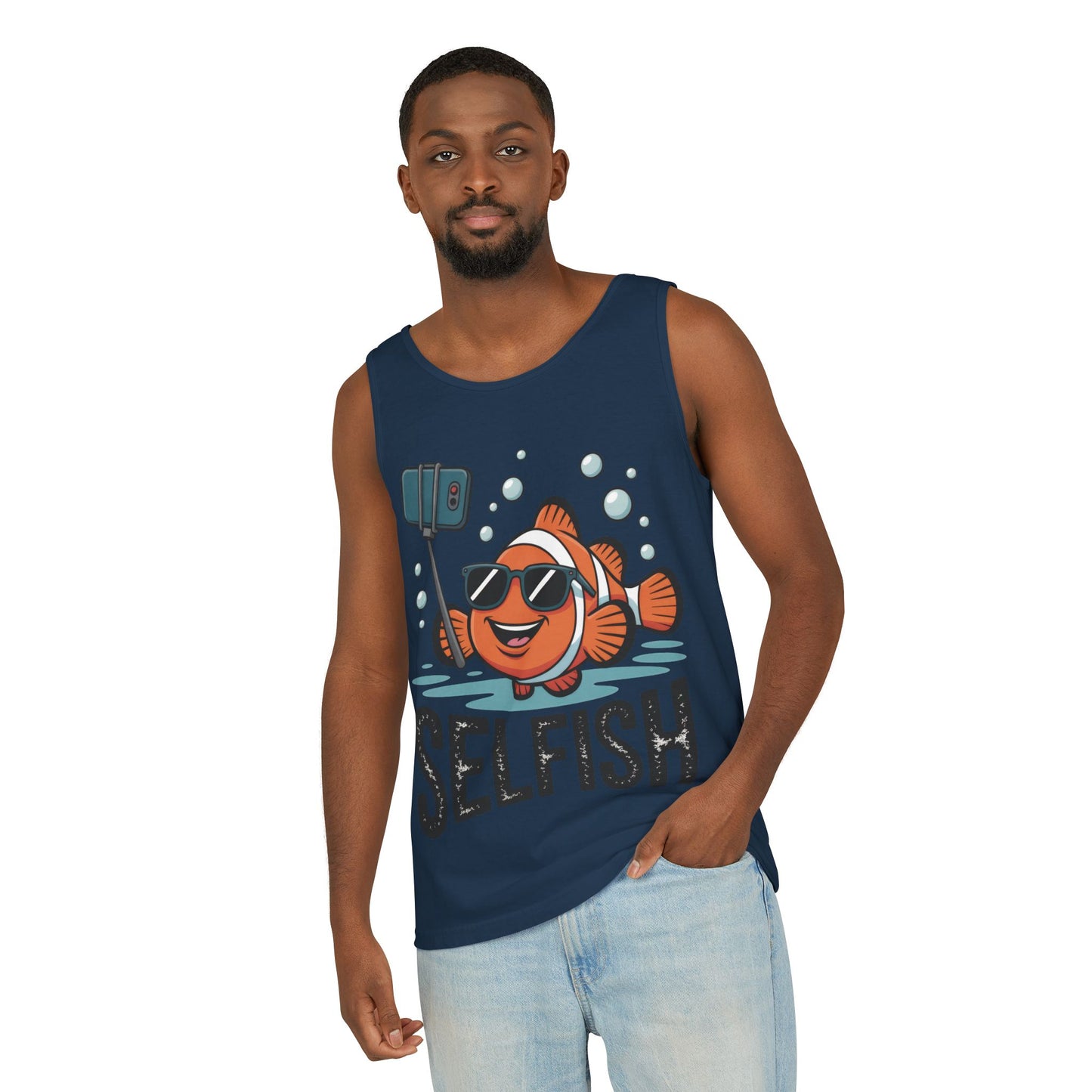 Mens Garment-Dyed Tank Top, Mens Selfish Funny Fish Tank Top, Cute Selfie Graphic Shirt, Ocean Humor Top
