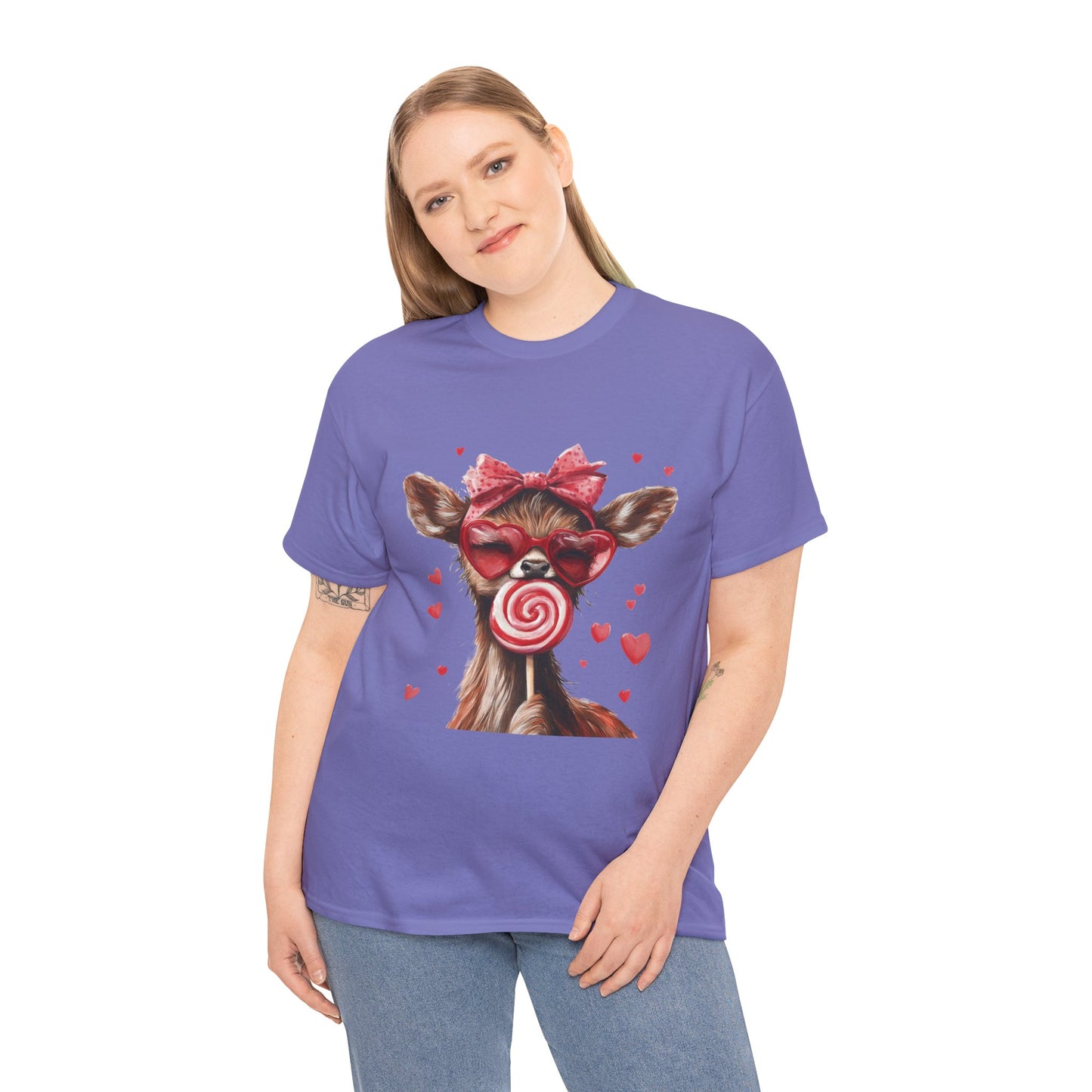 Cute Deer with Heart Glasses and Lollipop, Valentine's Day Heavy Cotton Tee, Fun Animal Love Shirt Gift for Her, Animal Lovers Shirt