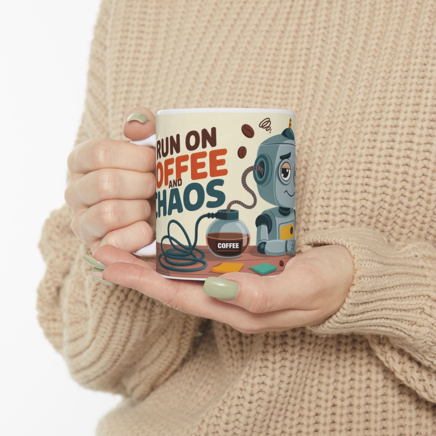 Funny Robot Coffee Mug, I Run on Coffee and Chaos, Tired Office Humor Cup, Lazy Tech Lover Gift, Gift for Coffee Lovers, Office Humor
