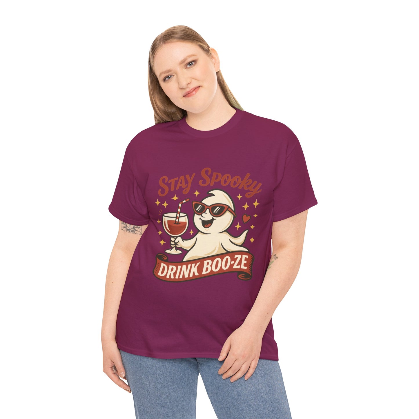 Stay Spooky Drink Boo-ze Women's T-Shirt, Funny Ghost Wine Halloween Party Graphic Tee