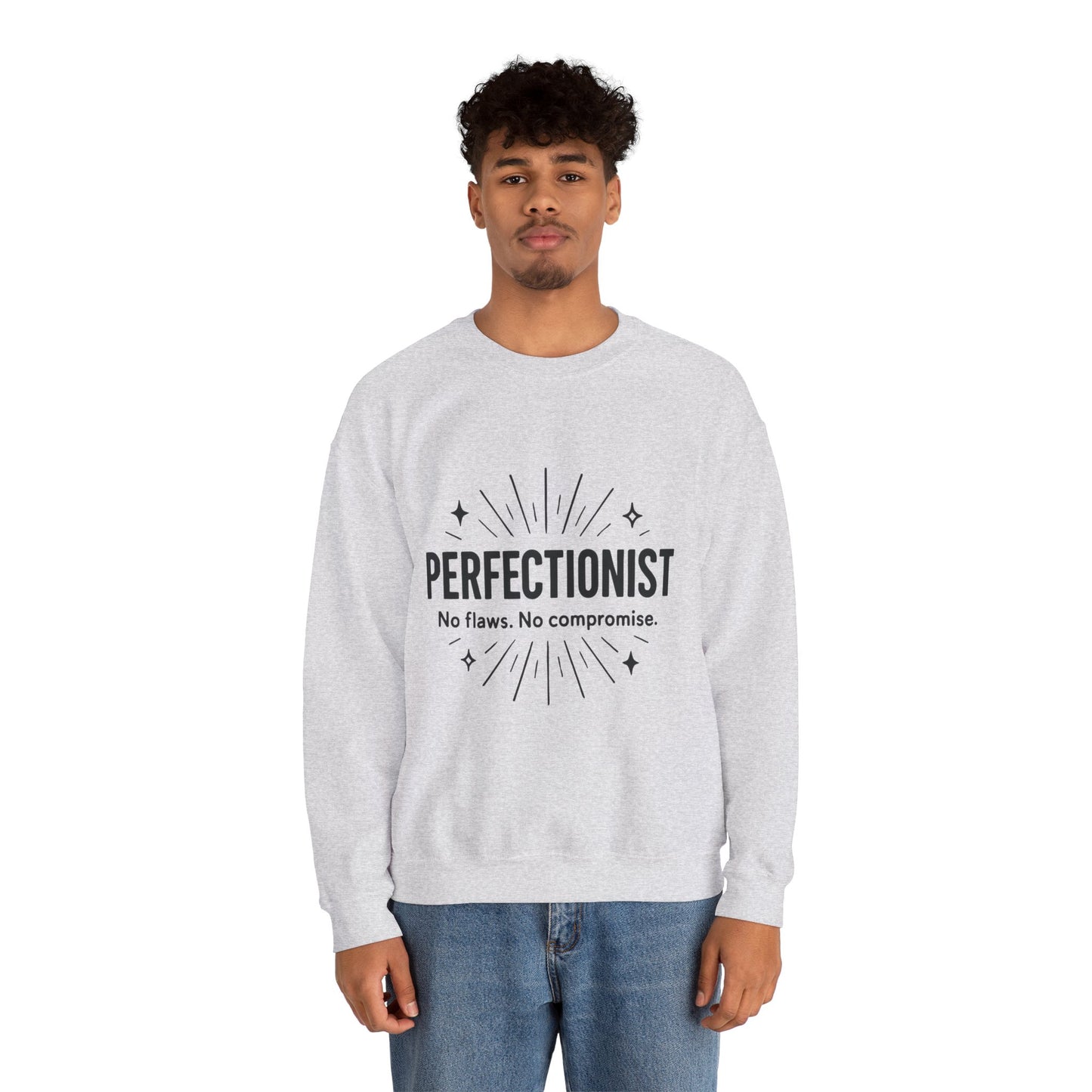 Men's Perfectionist Sweatshirt, Bold No Flaws No Compromise Design, Clean Look Funny Gift for Him, Minimal Black Graphic Pullover