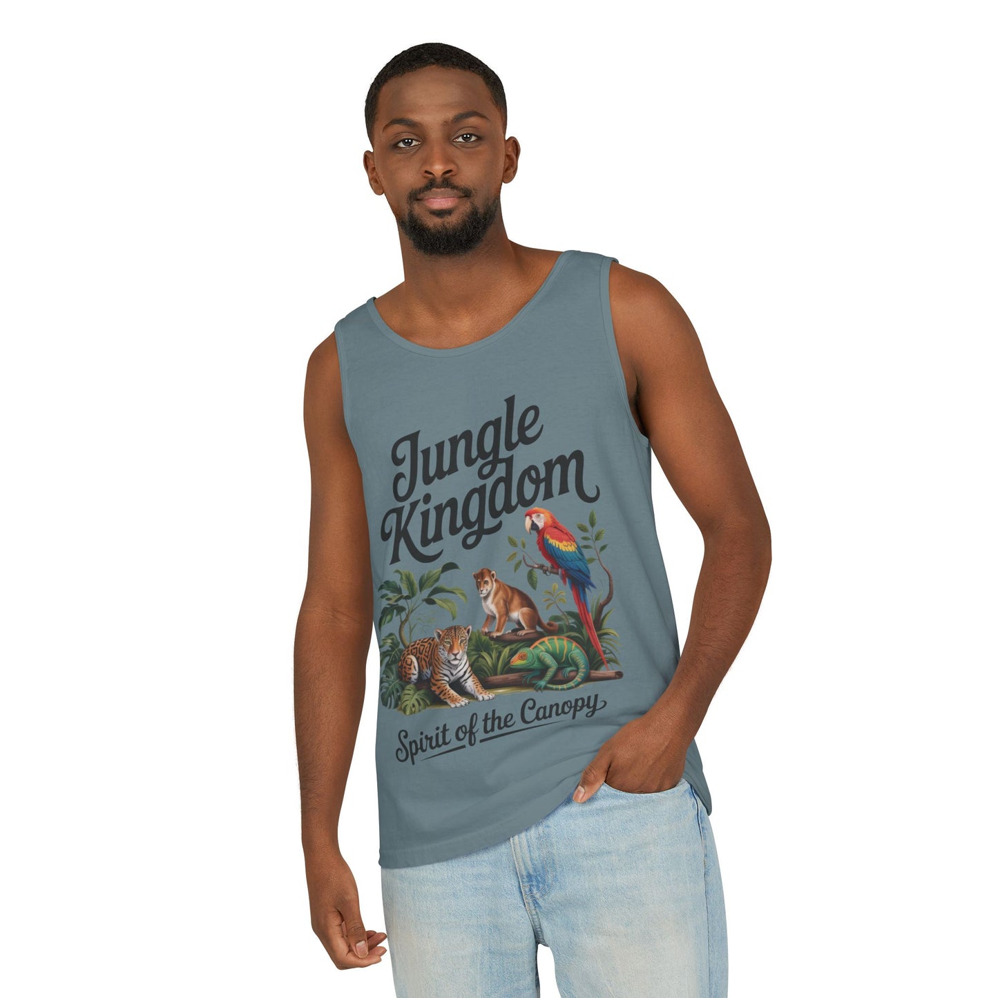 Jungle Kingdom Tank Top, Mens Garment-Dyed Sleeveless Shirt, Spirit of the Canopy Tee, Summer Outfit, Eco-Friendly Casual Wear
