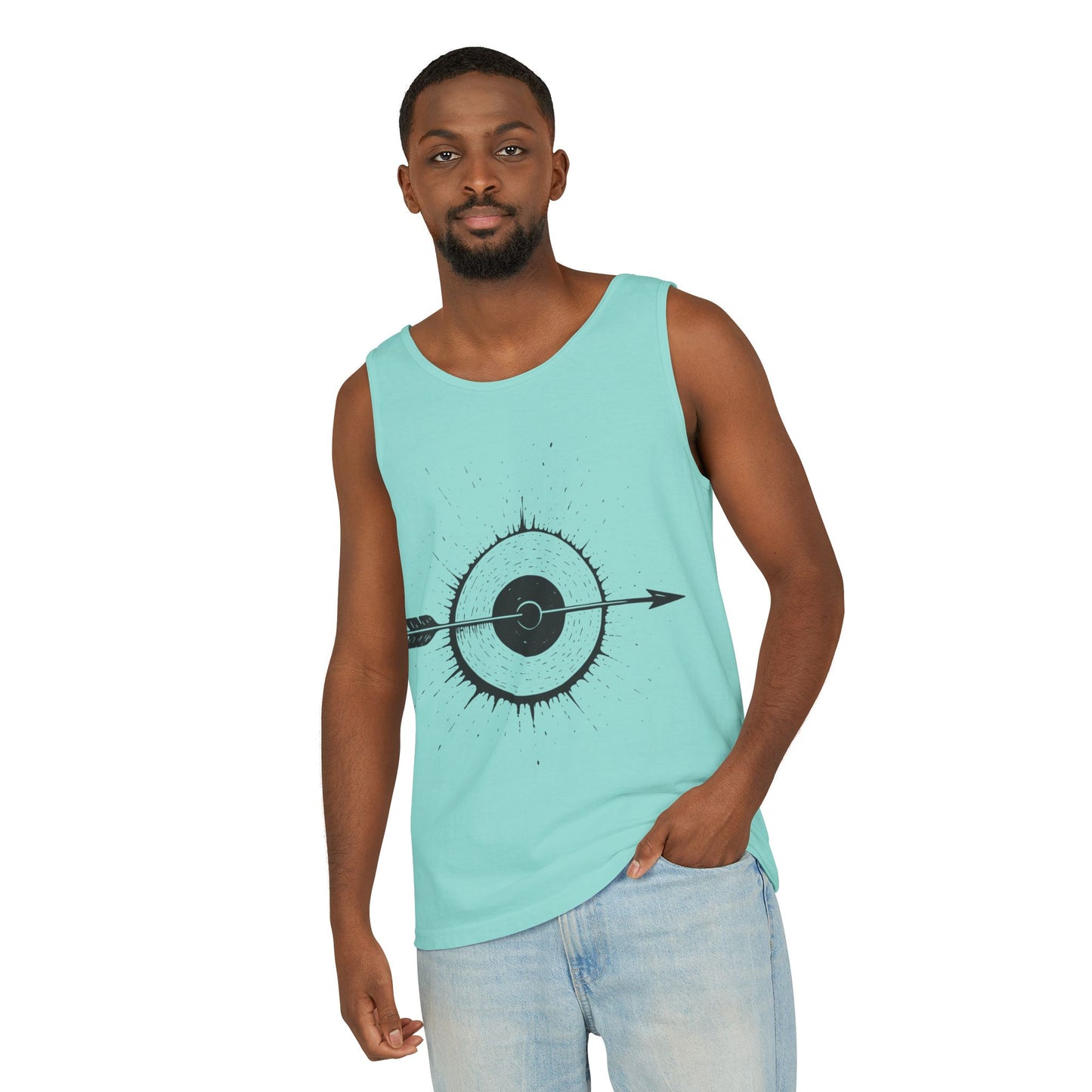 Mens Garment-Dyed Tank Top with Target Arrow Design, Casual Wear, Summer Essentials, Gym Wear, Gifts for Archery Lovers