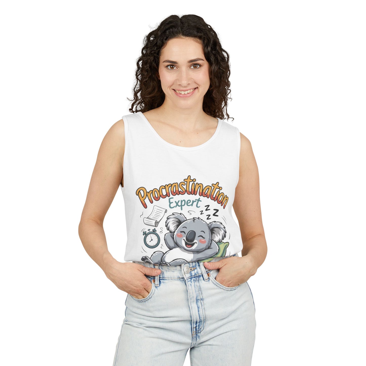 Procrastination Expert Womens Tank Top, Funny Gift for Lazy Days, Relaxed Fit Tee, Casual Summer Wear, Koala Graphic Top, Motivational Apparel