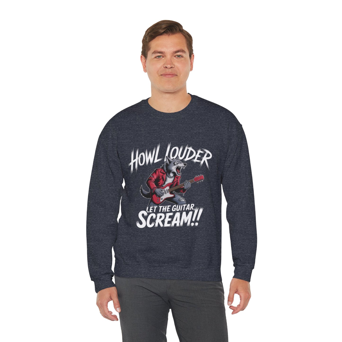 Howl Louder Wolf Sweatshirt, Let The Guitar Scream Pullover, Rock Guitar Animal Hoodie, Rocking Wolf Crewneck Sweatshirt, Music Lover Gift