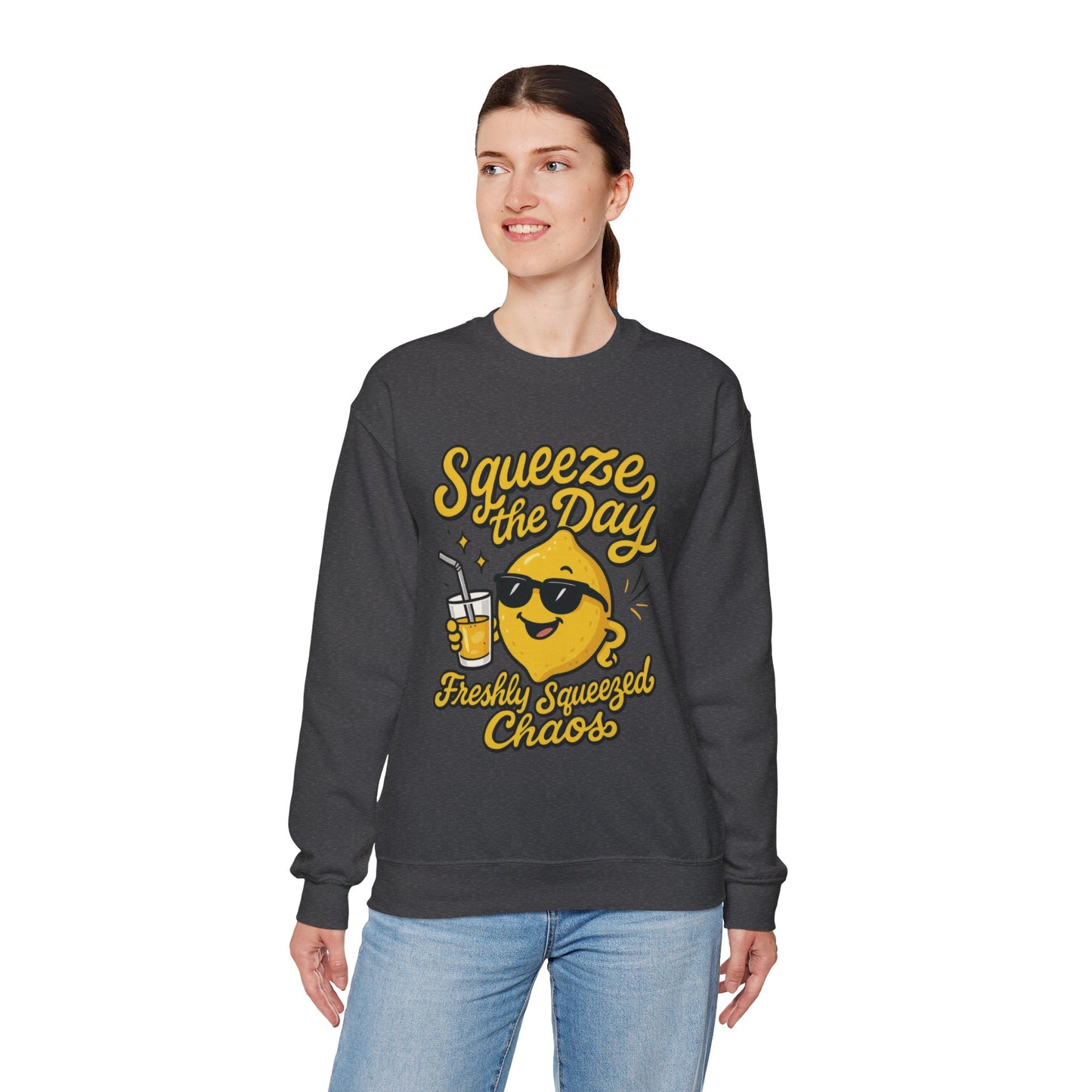 Funny Lemon Womens Sweatshirt - Squeeze The Day Freshly Squeezed Chaos Cozy Pullover - Citrus Positive Crewneck Sweatshirt, Cheerful Fashion
