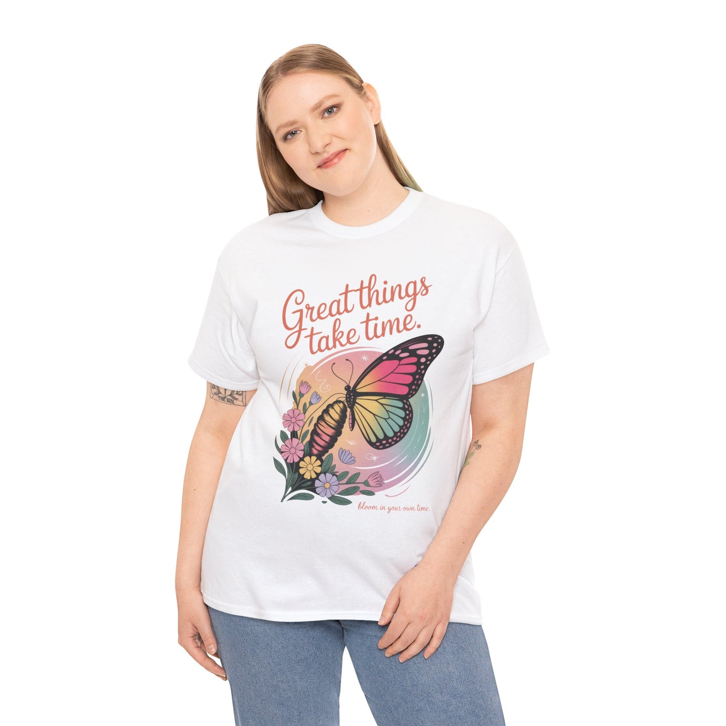 Butterfly Motivational Women's Heavy Cotton Tee, Great Things Take Time Shirt, Gift for Nature Lovers, Inspirational Apparel, Summer Outfit