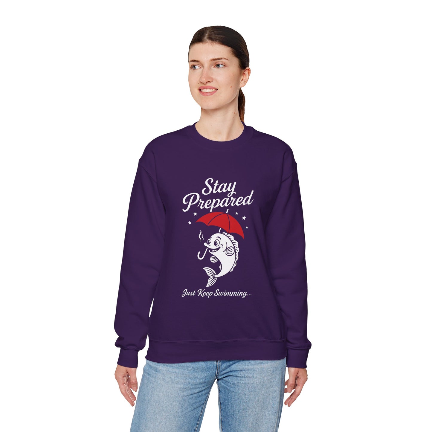 Funny Fish Womens Crewneck Sweatshirt - Stay Prepared Just Keep Swimming Nautical Pullover - Cozy Positive Gift, Fishing Humor