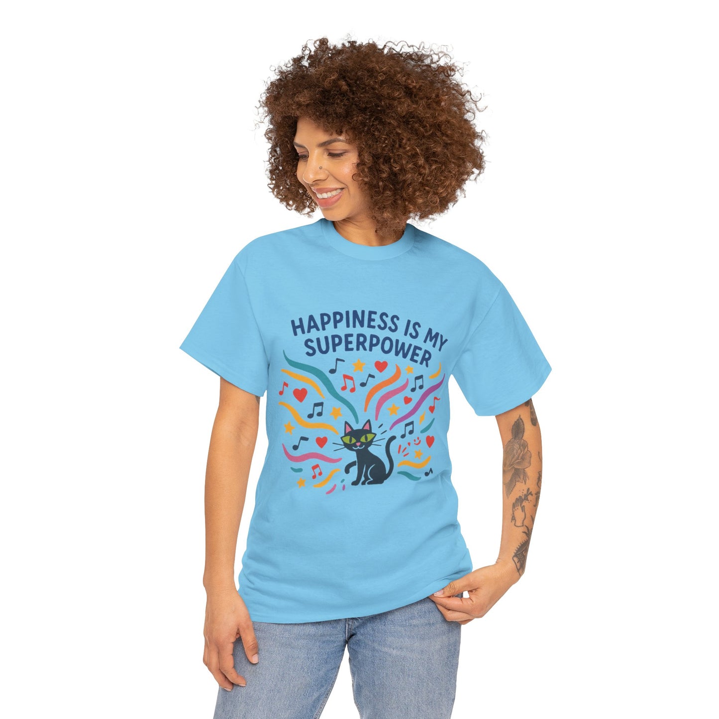 Happiness is My Superpower Tee - Fun Womens Cotton T-Shirt, Gift for Cat Lovers, Cute Pet Apparel, Everyday Wear, Positive Vibes