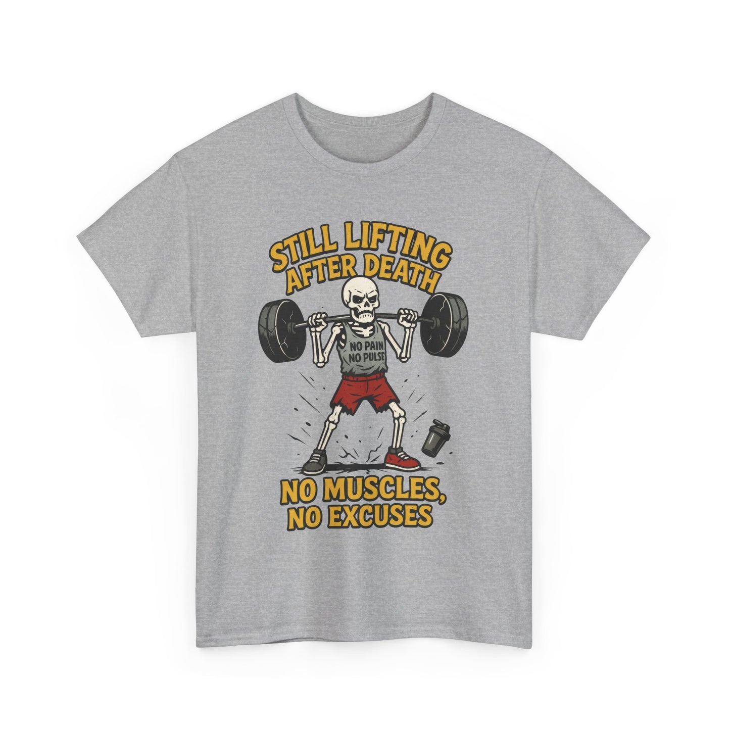 Funny Skeleton Gym T-Shirt, Still Lifting After Death, Funny Workout Shirt for Men, Fitness Gift, Halloween Apparel, Unisex Cotton Tee