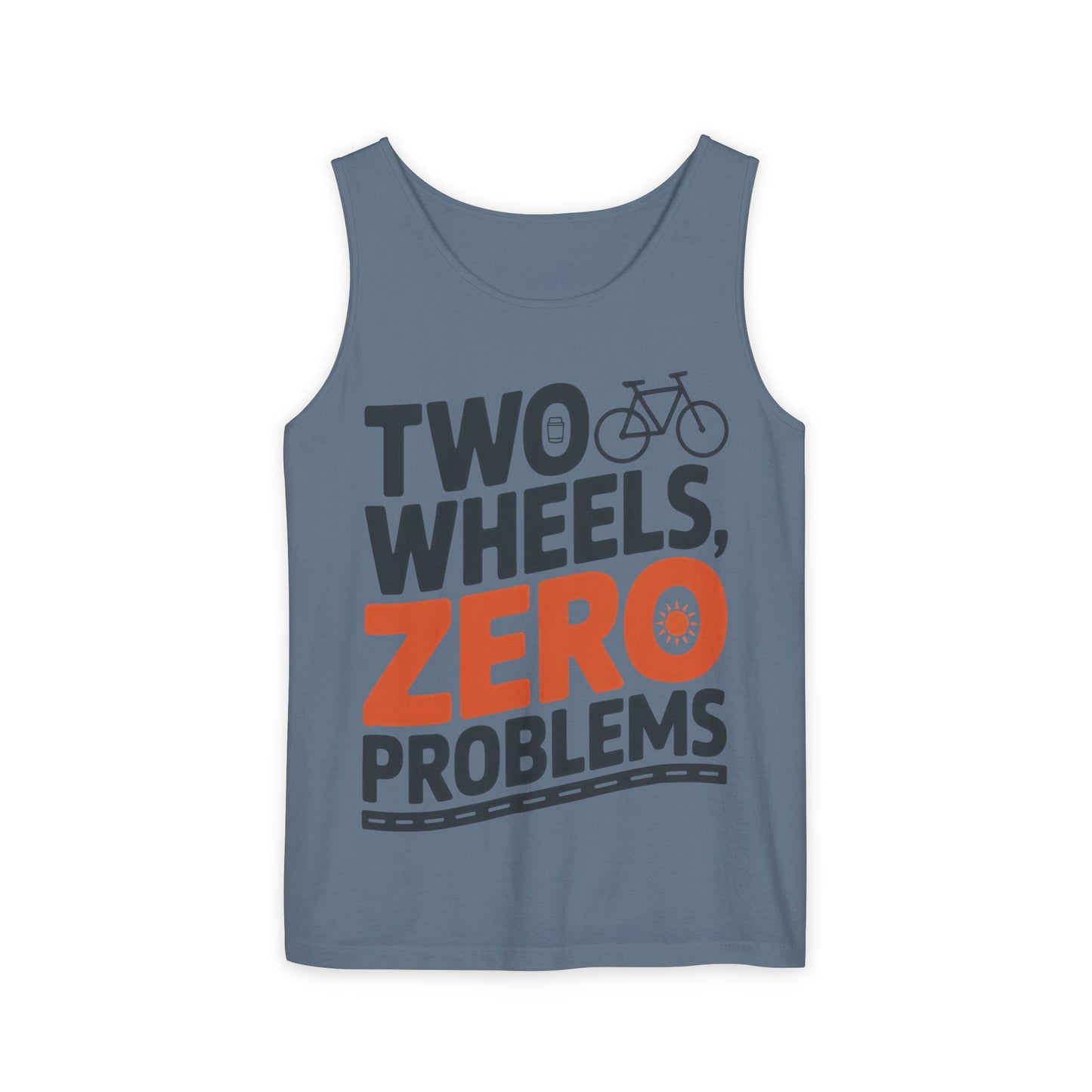 Mens Garment-Dyed Tank Top, Two Wheels Zero Problems Mens Cycling Graphic Tank, Gift for Cyclists