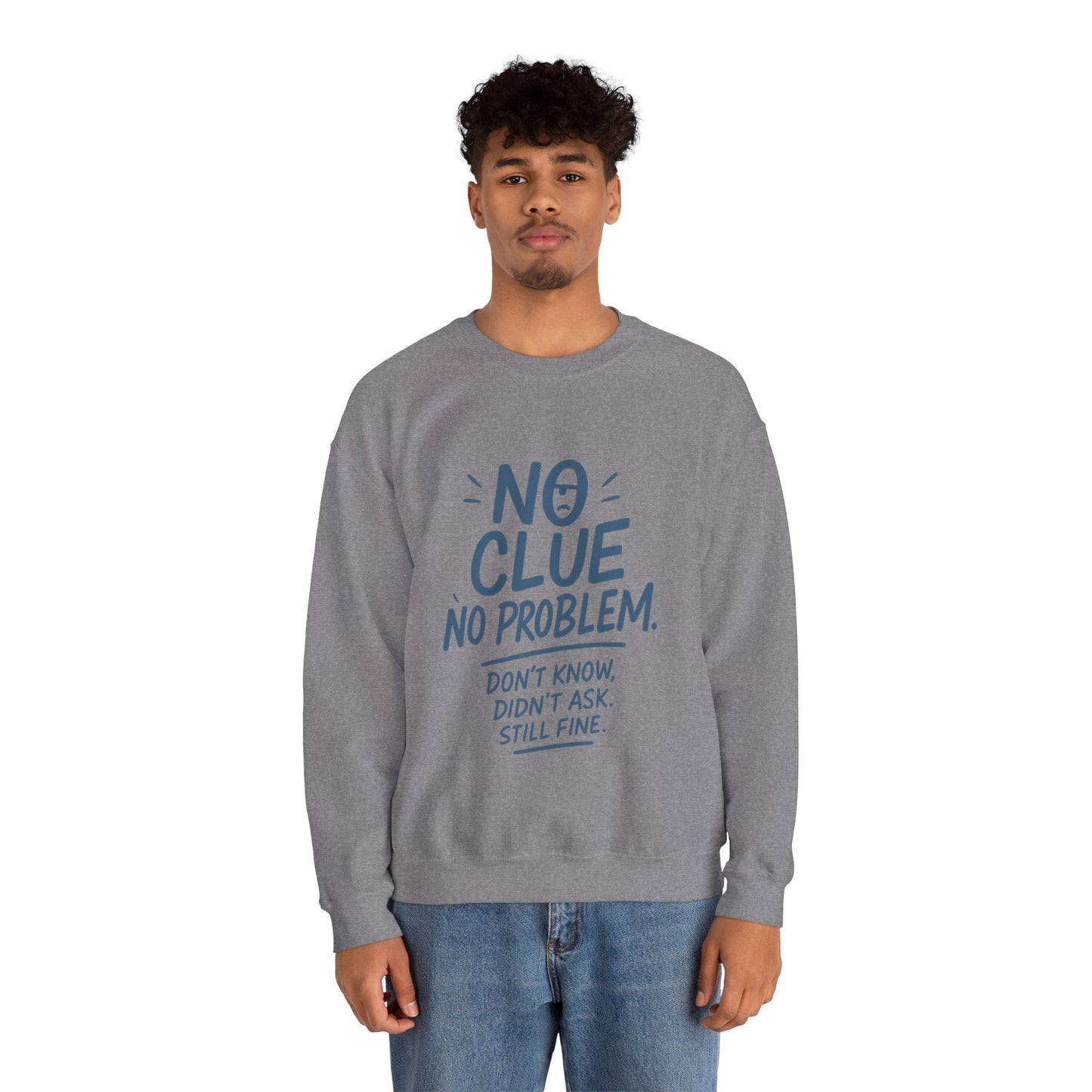 Funny Mens Crewneck Sweatshirt, No Clue No Problem Quote, Dont Know Didnt Ask, Cozy Relaxed Fit Pullover, Funny Casual Pullover
