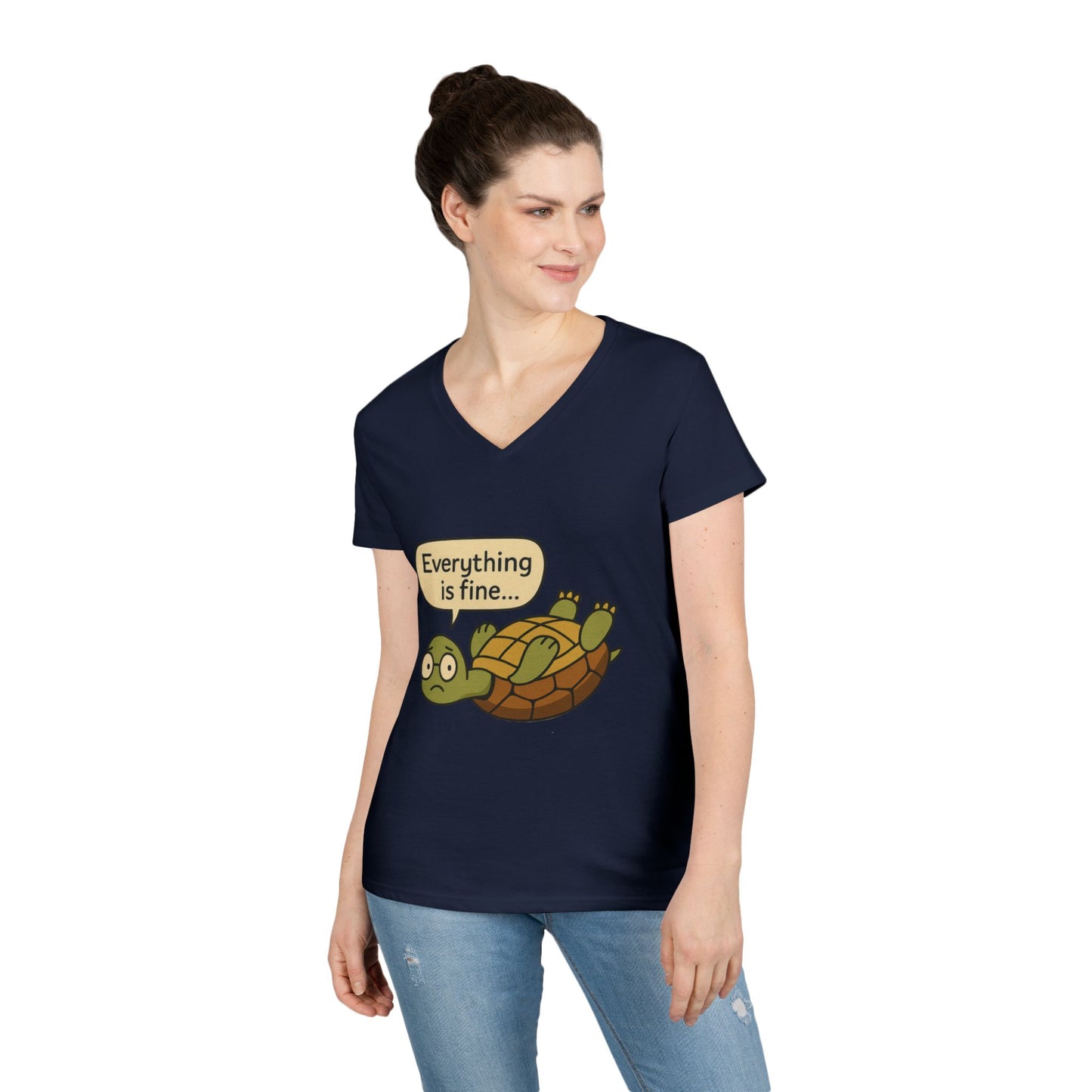 Cute & Comfy Turtle V-Neck T-Shirt - "Everything is fine..." design, Gift for Animal Lovers, Casual Wear, Fun Quotes, Positive message tee