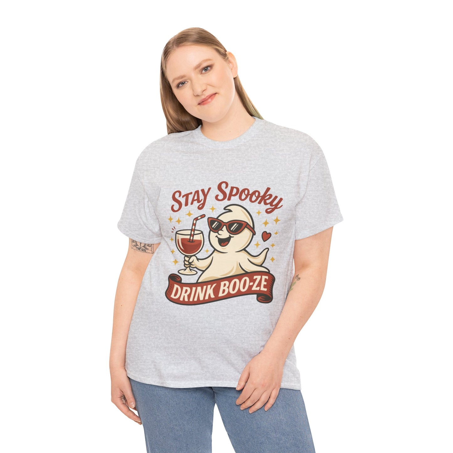 Stay Spooky Drink Boo-ze Women's T-Shirt, Funny Ghost Wine Halloween Party Graphic Tee